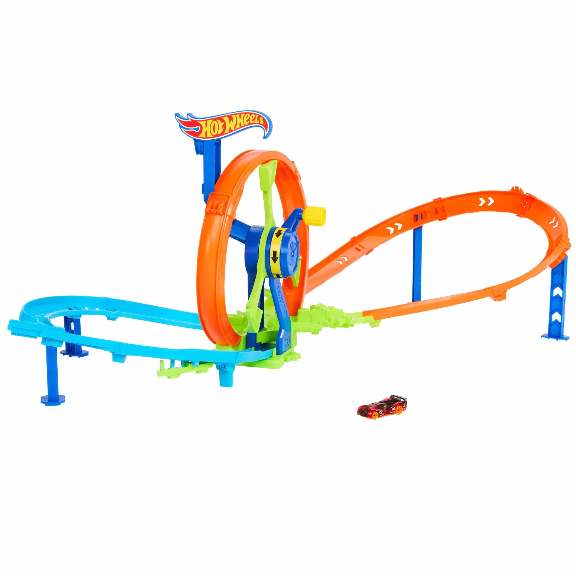 Hot Wheels Stunt Tracks Wyścigowa Turbo Pętla Zestaw do zabawy, samochodowy tor wyścigowy w kształcie ósemki, przyspieszacz, strefa kraks i metalowy samochodzik w skali 1:64, zabawka dla dzieci 4+