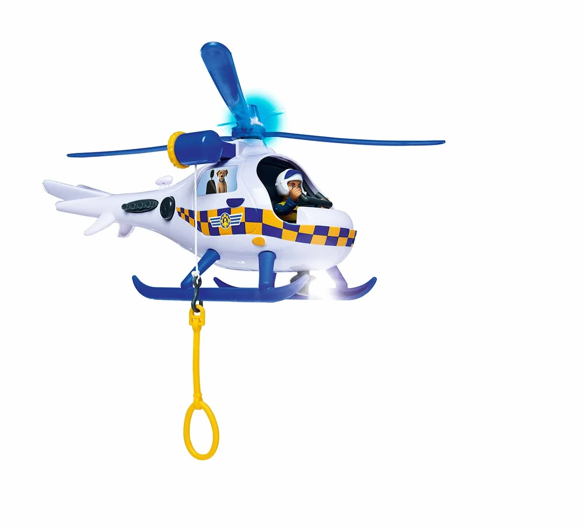 SIMBA 109252537038 Strażak Sam Wallaby Helikopter policyjny 17 cm, światło i dźwięk, ruchoma figurka Rose 7,5 cm i pies