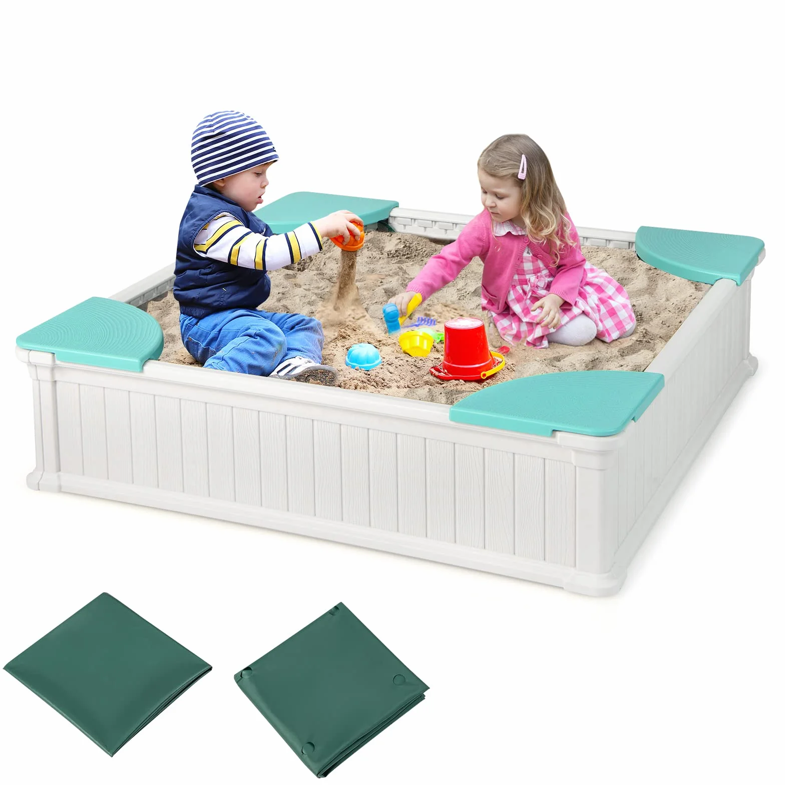 COSTWAY Piaskownica dziecięca z drewna 123,5 x 123,5 x 31,5 cm z 4 siedzeniami kwadratowa HDPE do ogrodu biała