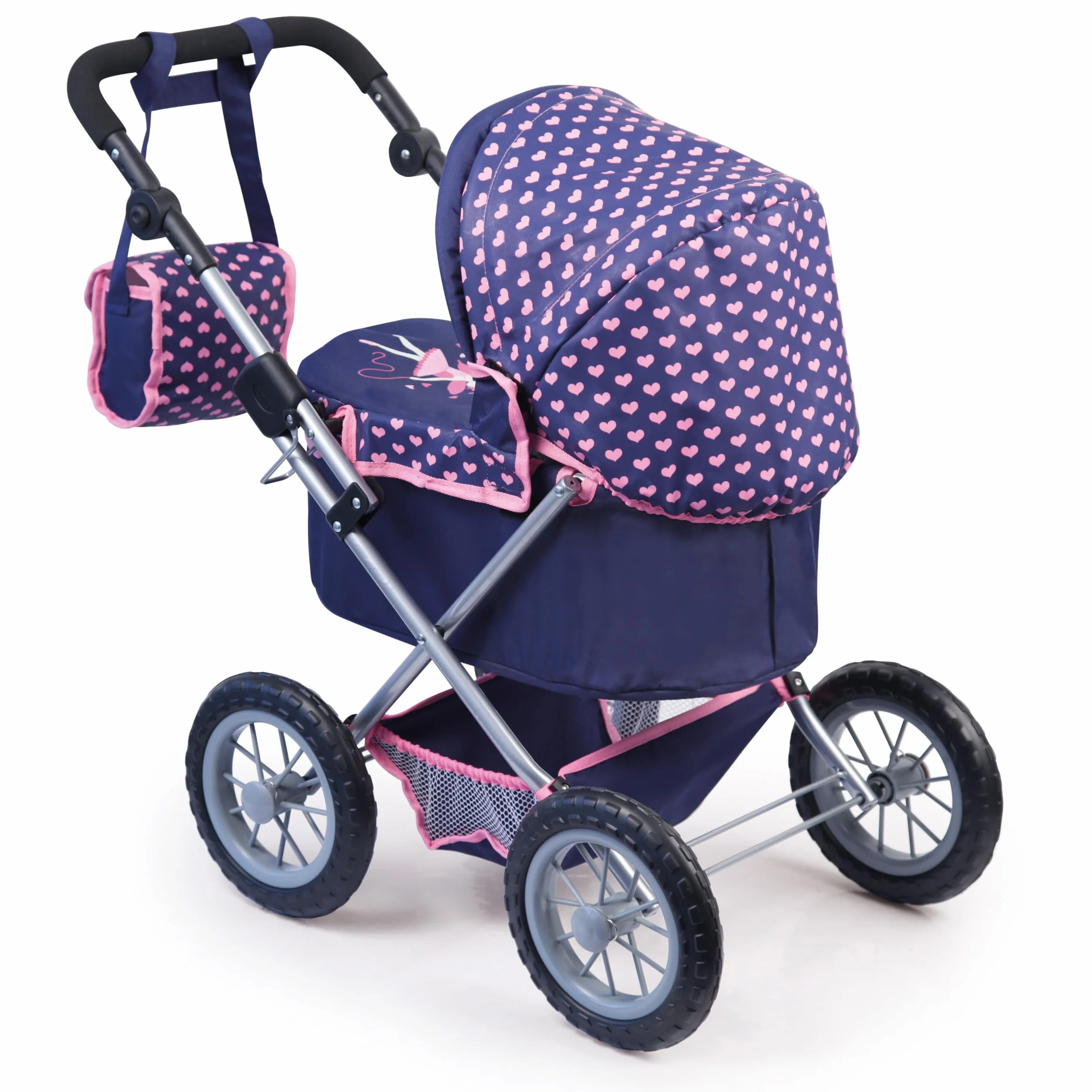 Bayer Design 13052AA Wózek dla lalek Trendy z torbą, regulowaną rączką, składany, zintegrowanym koszem, dużymi kołami, dla chłopców i dziewczynek od 3 lat