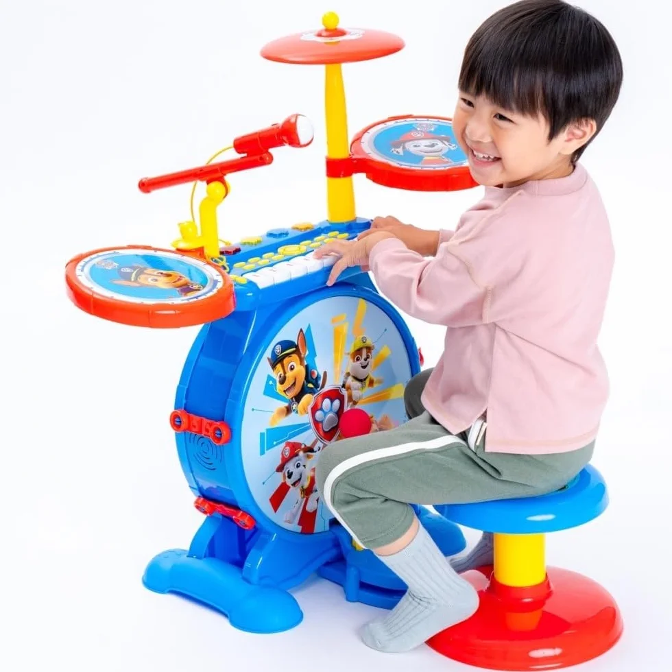Lexibook K610PA Paw Patrol Chase Elektroniczny Zestaw dla Dzieci, Muzyczna Zabawka, Realistyczny Dźwięk Perkusji, 8-Klawiszowa Klawiatura, Wtyczka Mp3, Siedzisko w Zestawie, Niebieski, Czerwony