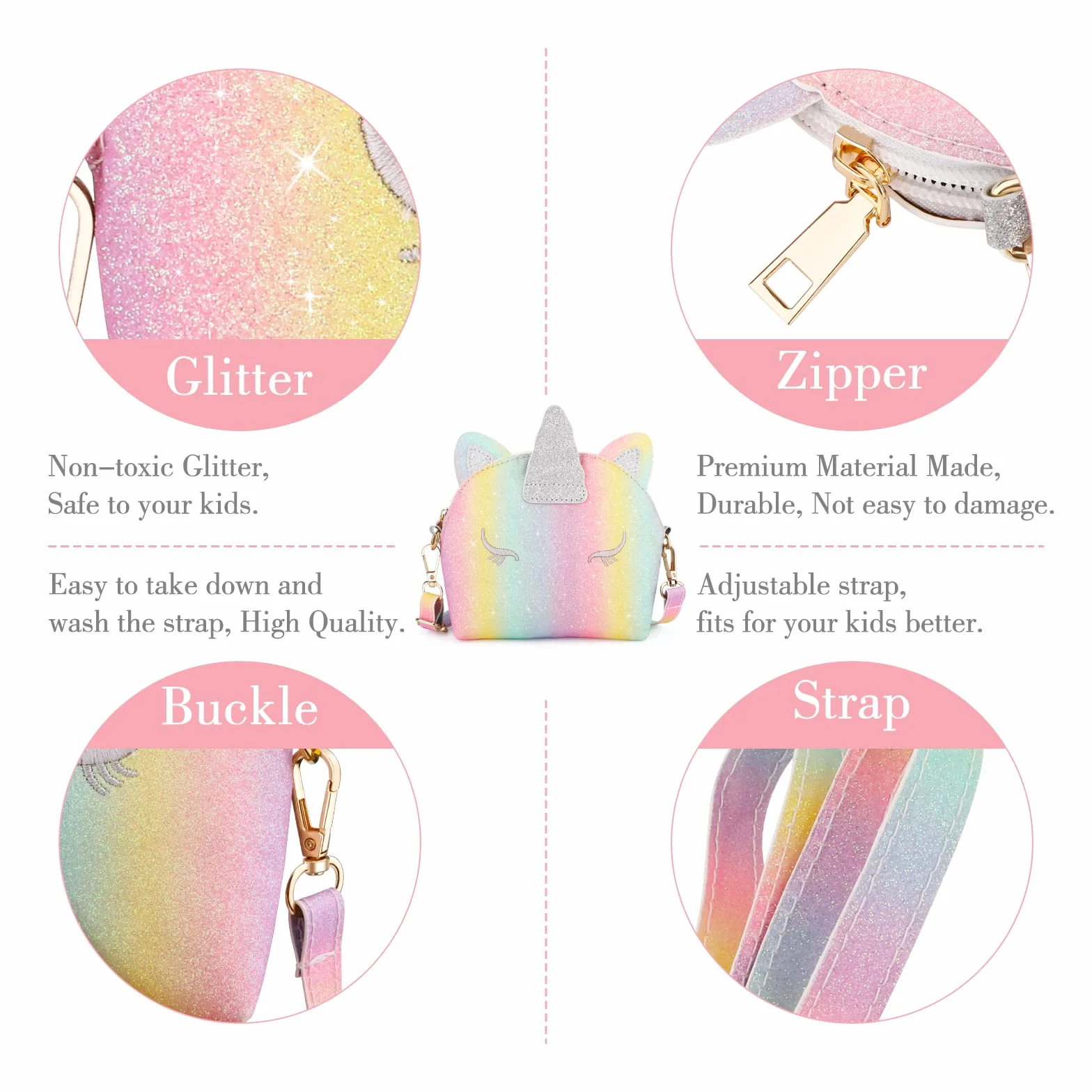 JYPS Torebki z jednorożcami dla dziewczynek, 7 szt. śliczna torba dla dzieci Crossbody z dziećmi Ubierz zestaw biżuterii udawaj akcesoria do zabawy, prezenty urodzinowe jednorożec prezenty zabawki dla