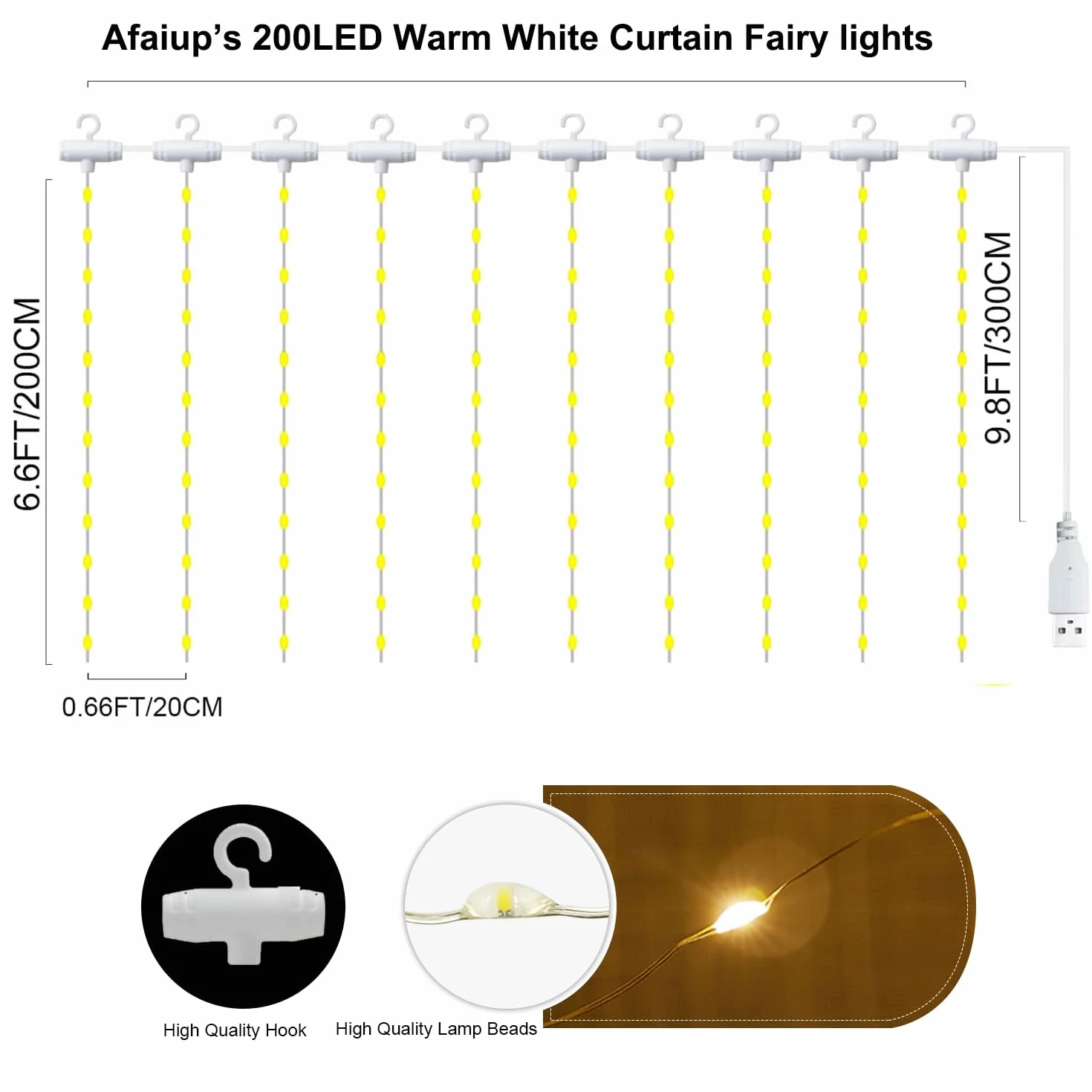 Kurtyna łańcuch świetlny 2 x 2 m, zasłona świetlna LED do wewnątrz, 200 diod LED, wisząca zasłona świetlna USB, ciepła biel, na Boże Narodzenie, ślub, przyjęcie, ścianę, dekoracje domu