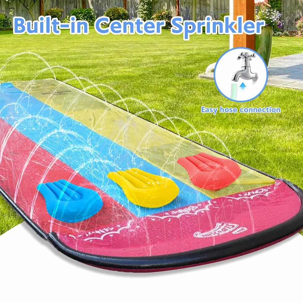 Zjeżdżalnia ogrodowa dla dzieci, 480 x 210 cm, Slide Triple z 3 bodyboardami, 5 łatkami naprawczymi, potrójna zjeżdżalnia ogrodowa na lato, do zabawy na świeżym powietrzu w ogrodzie, dla dzieci