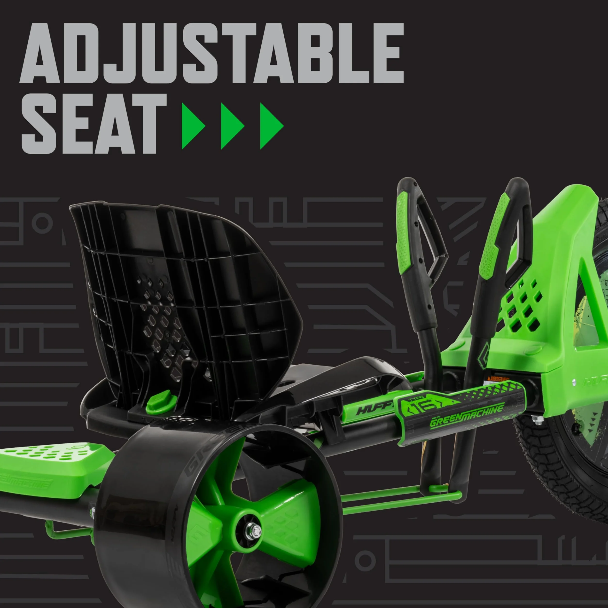 Huffy Green Machine 40 cm Drift Trike, elegancka, ergonomiczna konstrukcja, regulowane siedzisko, rower dryfujący dla dzieci w wieku 5-8 lat, maksymalna waga 36 kg, hamulec nożny