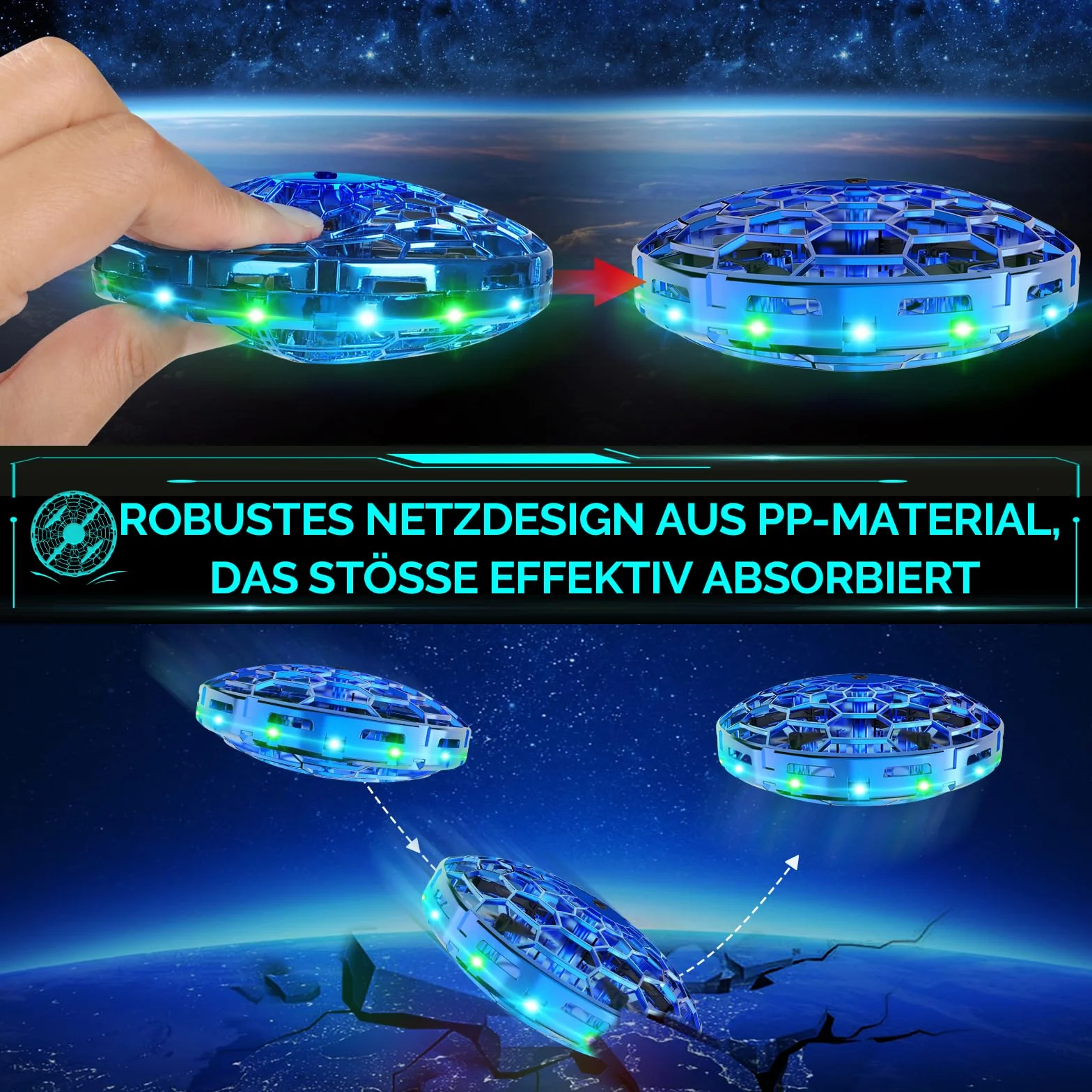 semai Mini UFO Drone Latająca piłka zabawka 360° Obrotowa latająca kula z oświetleniem LED, do użytku w pomieszczeniach i na zewnątrz Prezenty dla dzieci Chłopcy Dziewczęta 6 7 8 9 10+ lat, Niebieski