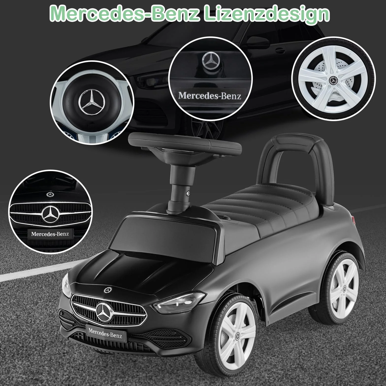 COSTWAY Mercedes-Benz jeździk, pojazd do jazdy z miejscem do przechowywania pod siedzeniem, samochód do pchania z klaksonem i dźwiękiem silnika, jeździk dla dzieci od 1 roku (czarny)