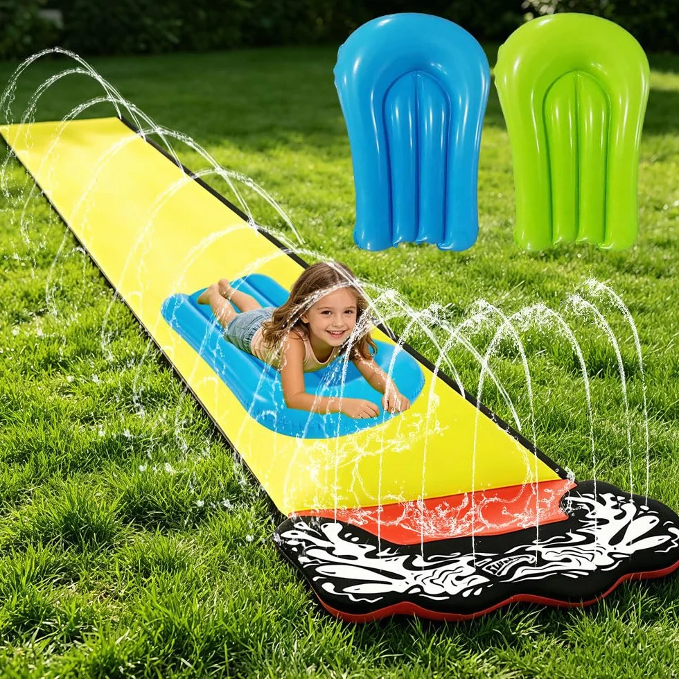 480 cm/15,75 stóp zjeżdżalnia wodna do ogrodu dla dzieci, z 2 deskami do bodyboardingu, zjeżdżalnia z zraszaczem na lato i basen z tryskającą wodą, zabawka wodna dla dzieci na zewnątrz