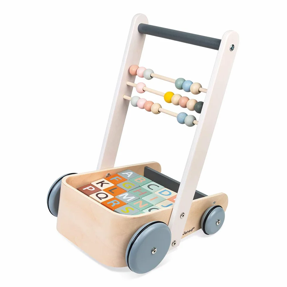 Janod - Sweet Cocoon Abc Buggy - Wooden Walking and Activity Cart - with 20 Alphabet Cubes, Numbers and Shapes Blocks + 3 Abacus Rows - Water Based Paints - from 1 Year Old, J04408