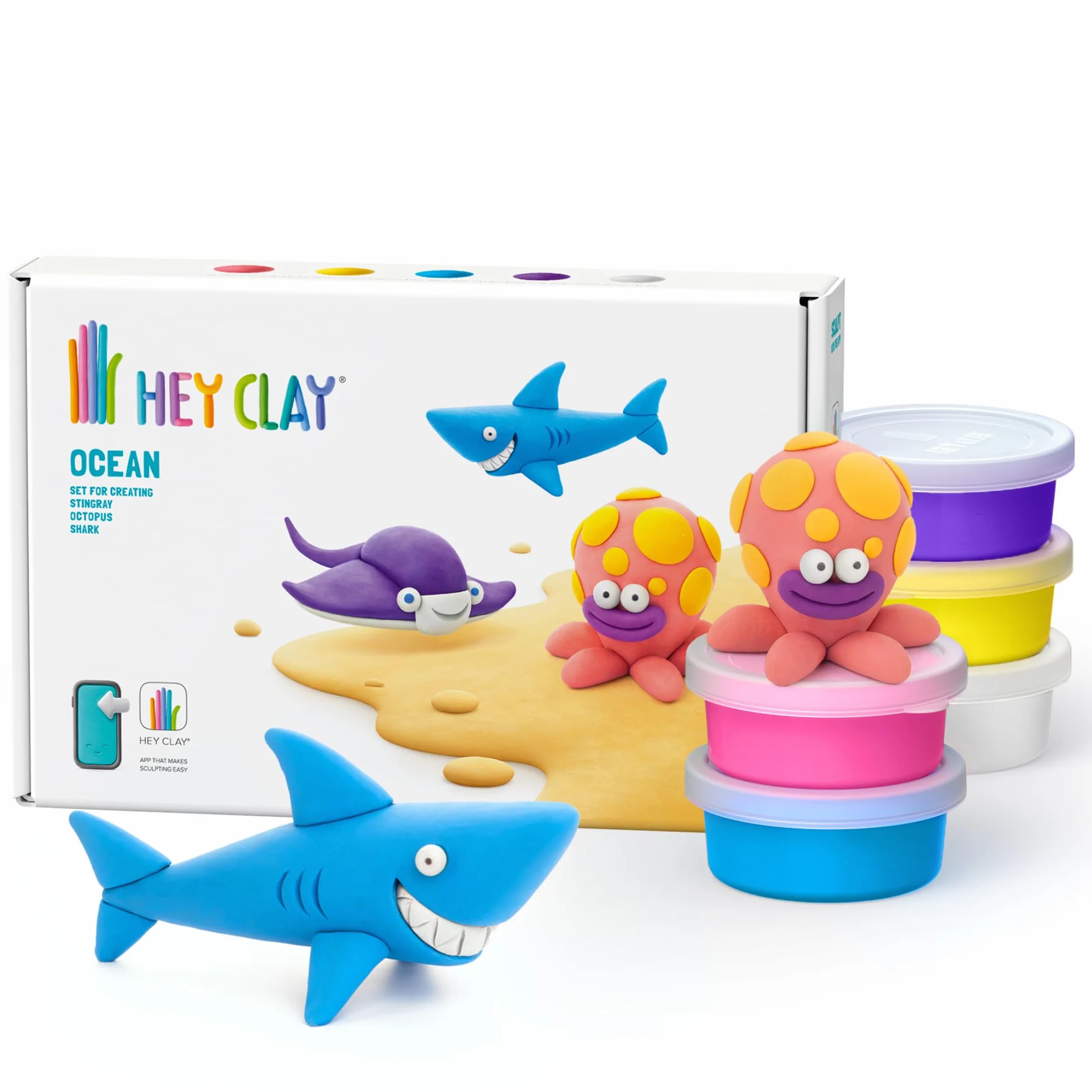 HEY CLAY Ocean: rekin, ośmiornica, zestaw płaszczki - kolorowe modelowanie dzieci - zestaw do suszenia na powietrzu 6 puszek z zabawną interaktywną aplikacją