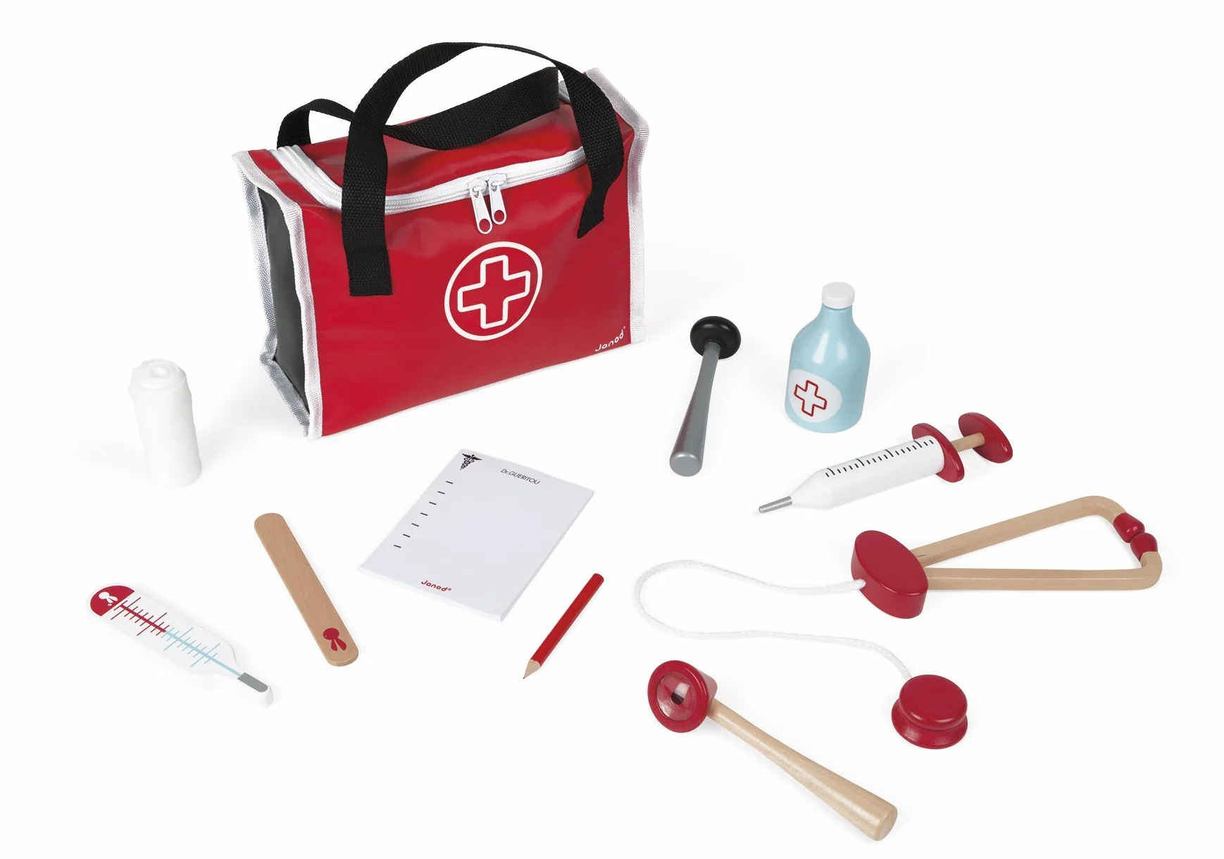 Janod - Doctor's Suitcase for Children - 10 Solid Wood Accessories Included - Prentend Play Toy - For children from the Age of 3, J06513, Red