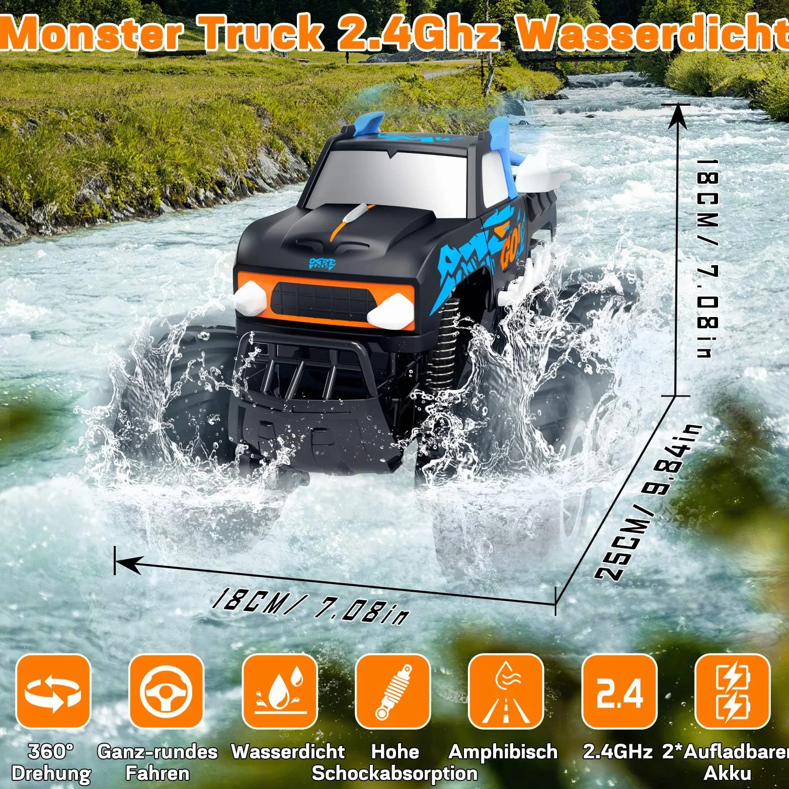 Gindoly Zdalnie sterowany samochód, 2,4 GHz, monster truck, 4WD 15+ km/h, hobby, offroad, samochód RC, wodoszczelny, samochód terenowy, z 2 bateriami, zabawka dla dzieci od 6, 7, 8, 9, 10, 11, 12 lat