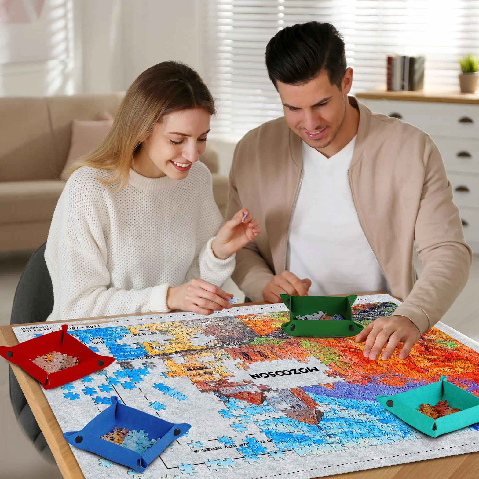MOZOOSON Przenośna mata do puzzli 2000 1000 elementów - przechowywanie i rolka filcowa dla dorosłych i dzieci - z 6 sortownikami