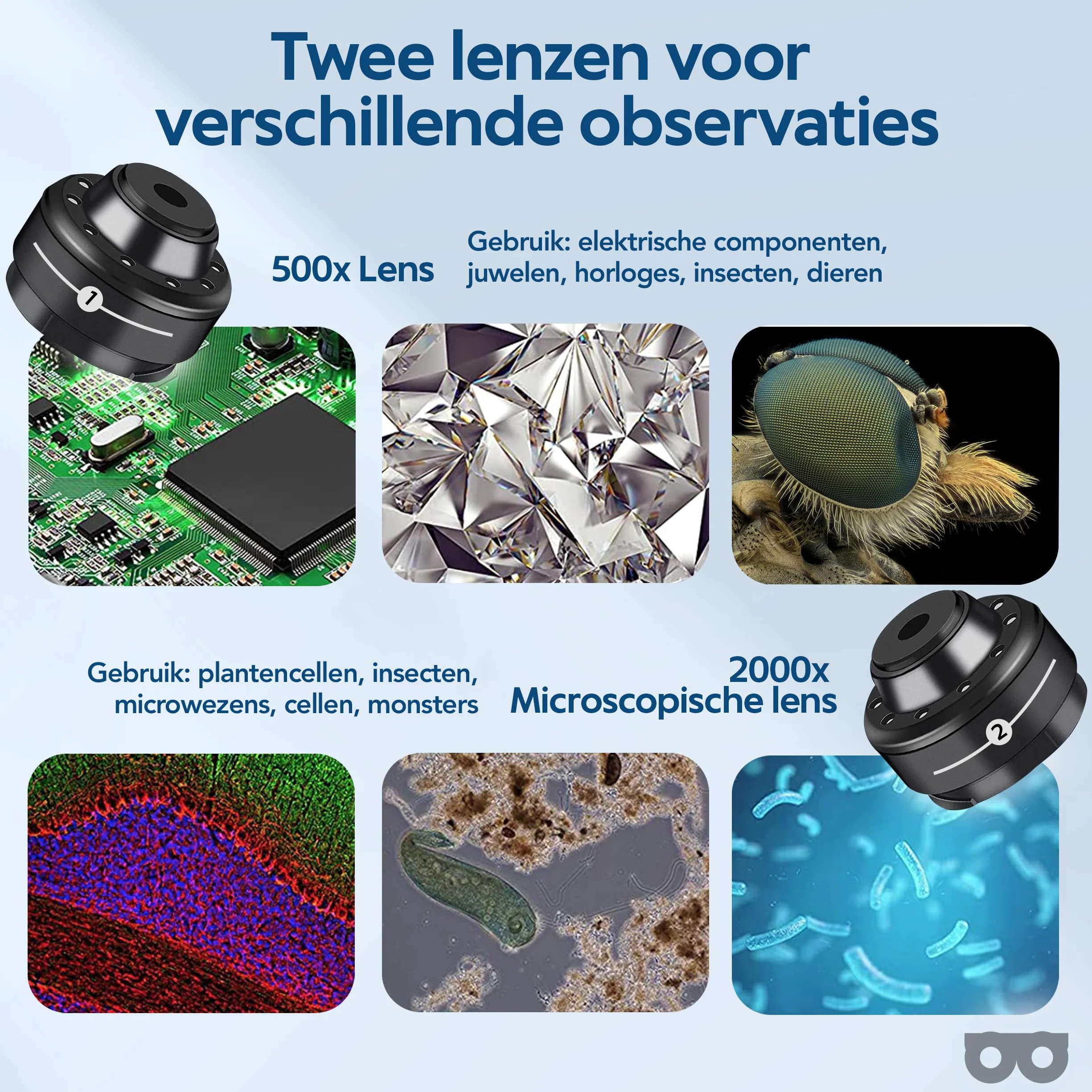 Digital Microscope with Camera – 2000 x Zoom – Photo/Video – Wi-Fi/USB Connection – 1800 mAh Battery – 11 LED Lights, Microscope Included