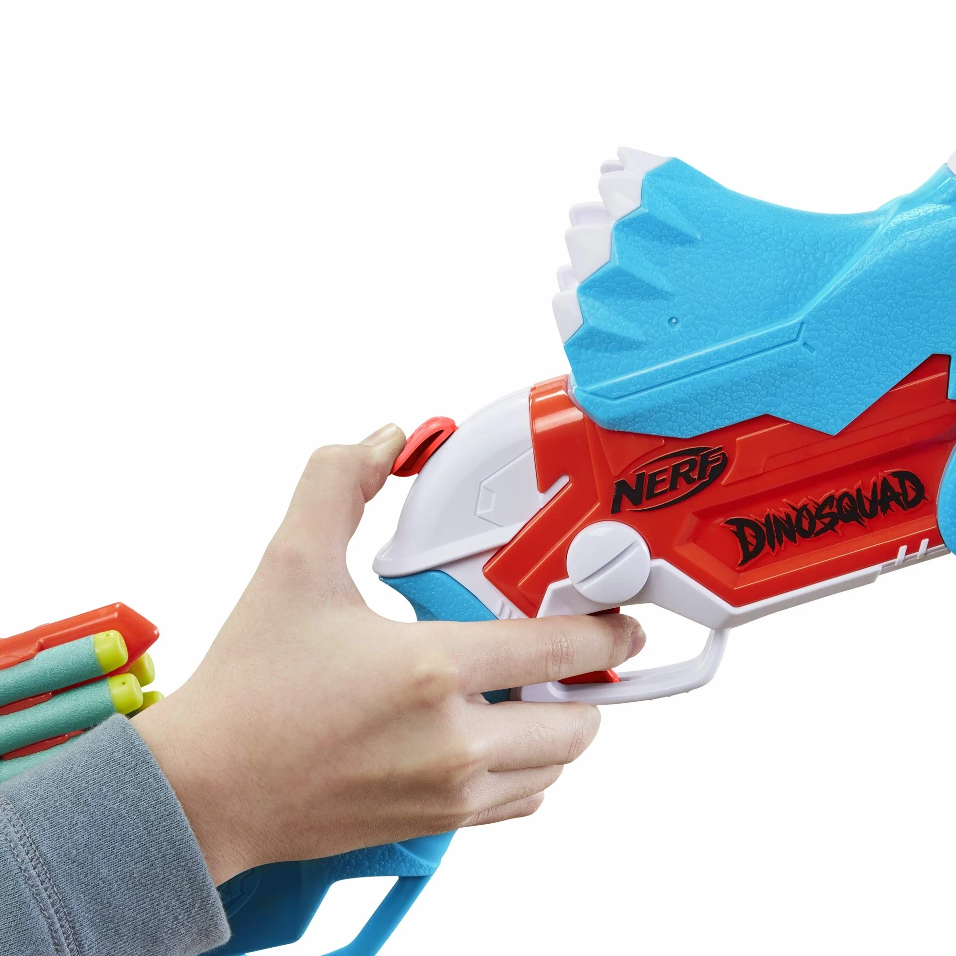 NERF Wyrzutnia Nerf DinoSquad Tricera-blast, łamana lufa na 3 strzałki, 12 strzałek Nerf, miejsce na strzałki, wygląd dinozaura-triceratopsa
