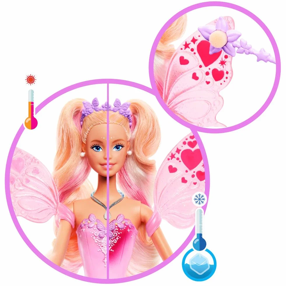 Barbie Wróżka Lalka z różdżką i akcesoriami modowymi, baśniowy motyw i zmiana koloru na skrzydełkach i stroju, JCP76