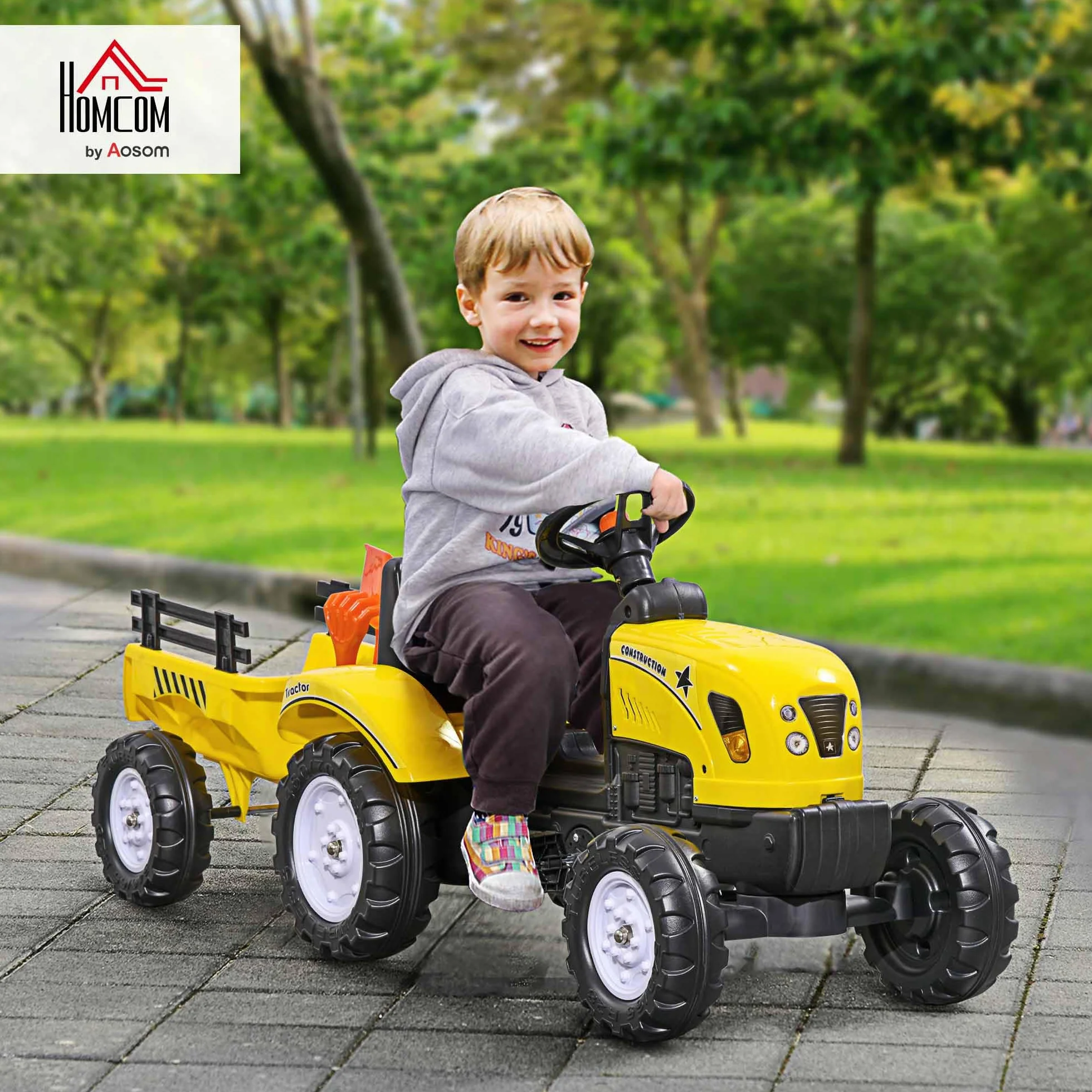 HOMCOM Traktor pedałowy z przyczepą, traktor pedałowy, dla dzieci od 3 lat, do użytku na zewnątrz, do ogrodu, metalowy, żółty, 133 x 42 x 51 cm