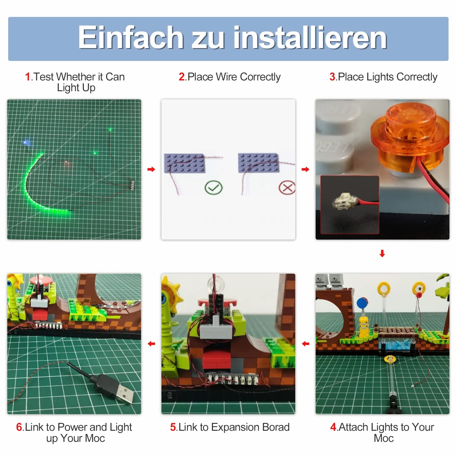 8-portowe karty rozszerzeń do oświetlenia DIY Lego/MOC (zestaw 2 szt.)