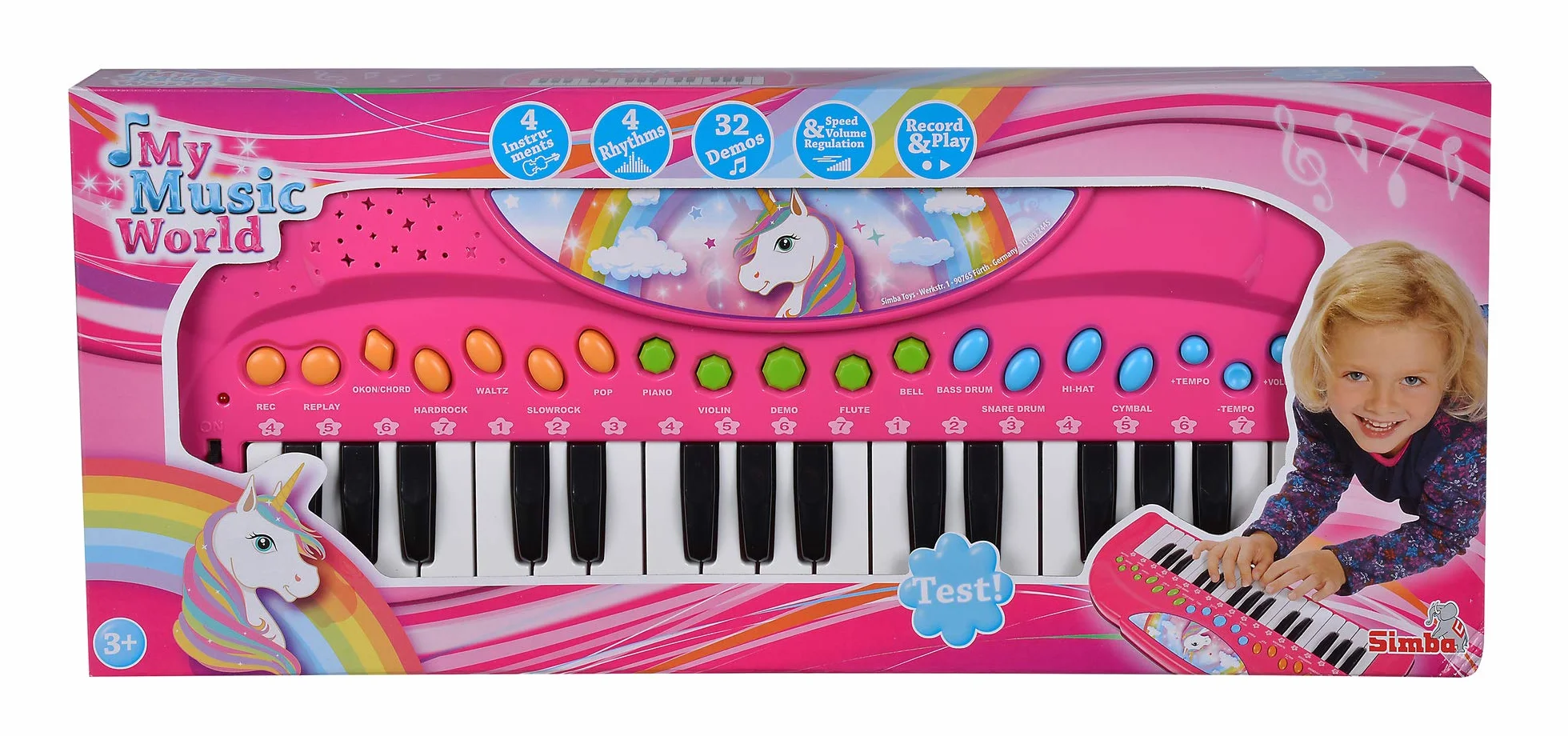 Simba 106832445 - My Music World jednorożec Keyboard, 32 przyciski, różne tryby dźwięku, 4 rytmy, demo, 42 cm, od 3 lat