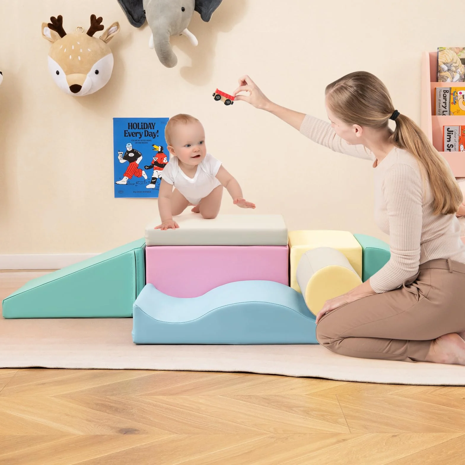 COSTWAY 7-częściowy zestaw klocków piankowych, miękkie klocki do zabawy i wspinaczki, ogromne klocki z pianki, duże klocki wielokolorowe, klocki dla niemowląt i małych dzieci (niebieskie)