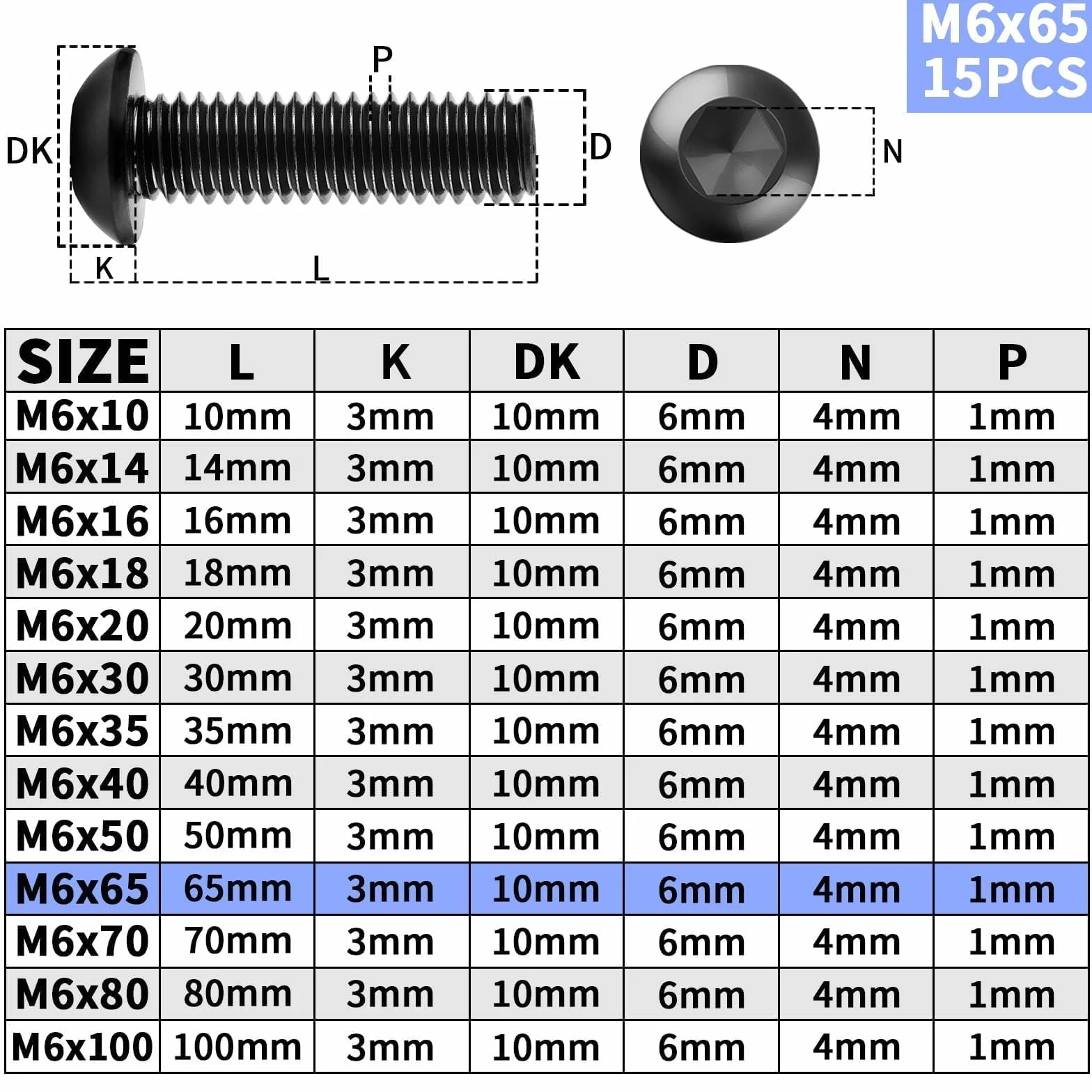 15 sztuk śrub z łbem soczewkowym M6 x 65 mm czarne śruby z łbem płaskim M6 304 stal szlachetna z gniazdem sześciokątnym pełny gwint śruby meblowe do projektów DIY, napraw mebli, montażu