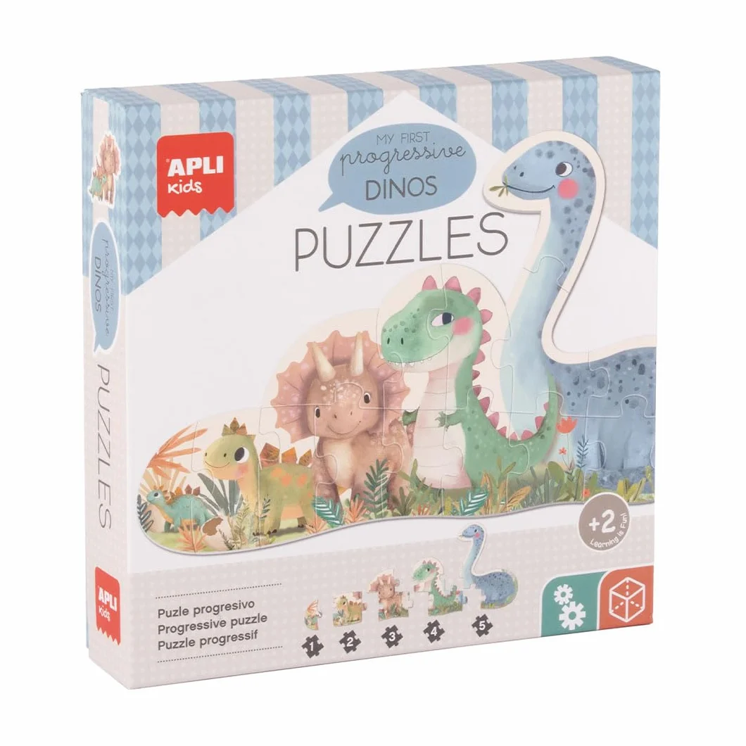 APLI Kids 20124 -My First Dinos, 5 progresywnych puzzli z dużymi kawałkami do wykonania 15-częściowej kompletnej układanki, odpowiednie dla dzieci od 2 lat