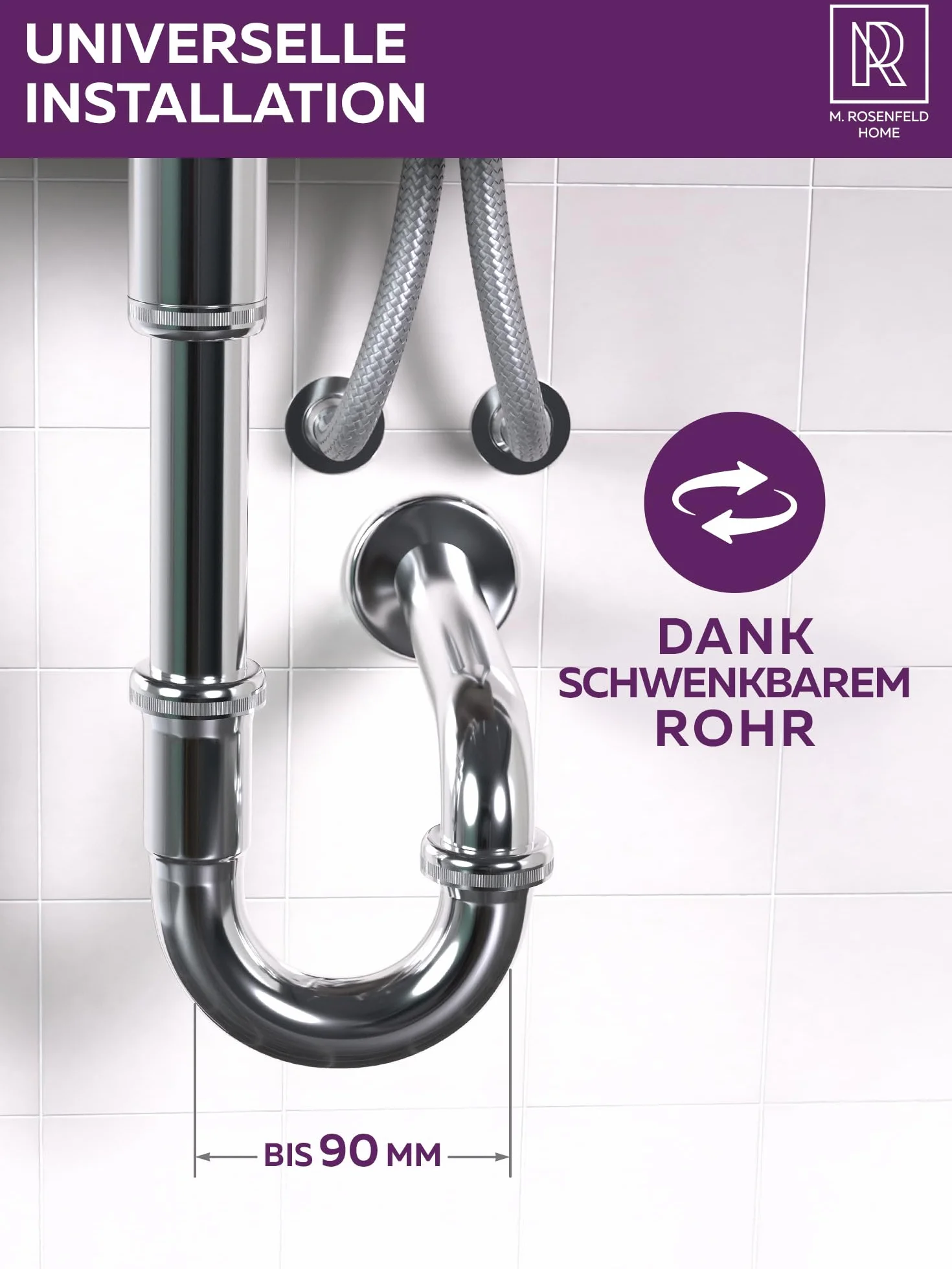 M. ROSENFELD HOME Syfon do umywalki – stal nierdzewna Rura odpływowa do umywalki Rura zanurzeniowa 4-8,5 cm – blokada zapachu – syfon rurowy 1 1/4 cala – komplet z uszczelkami i rozetką