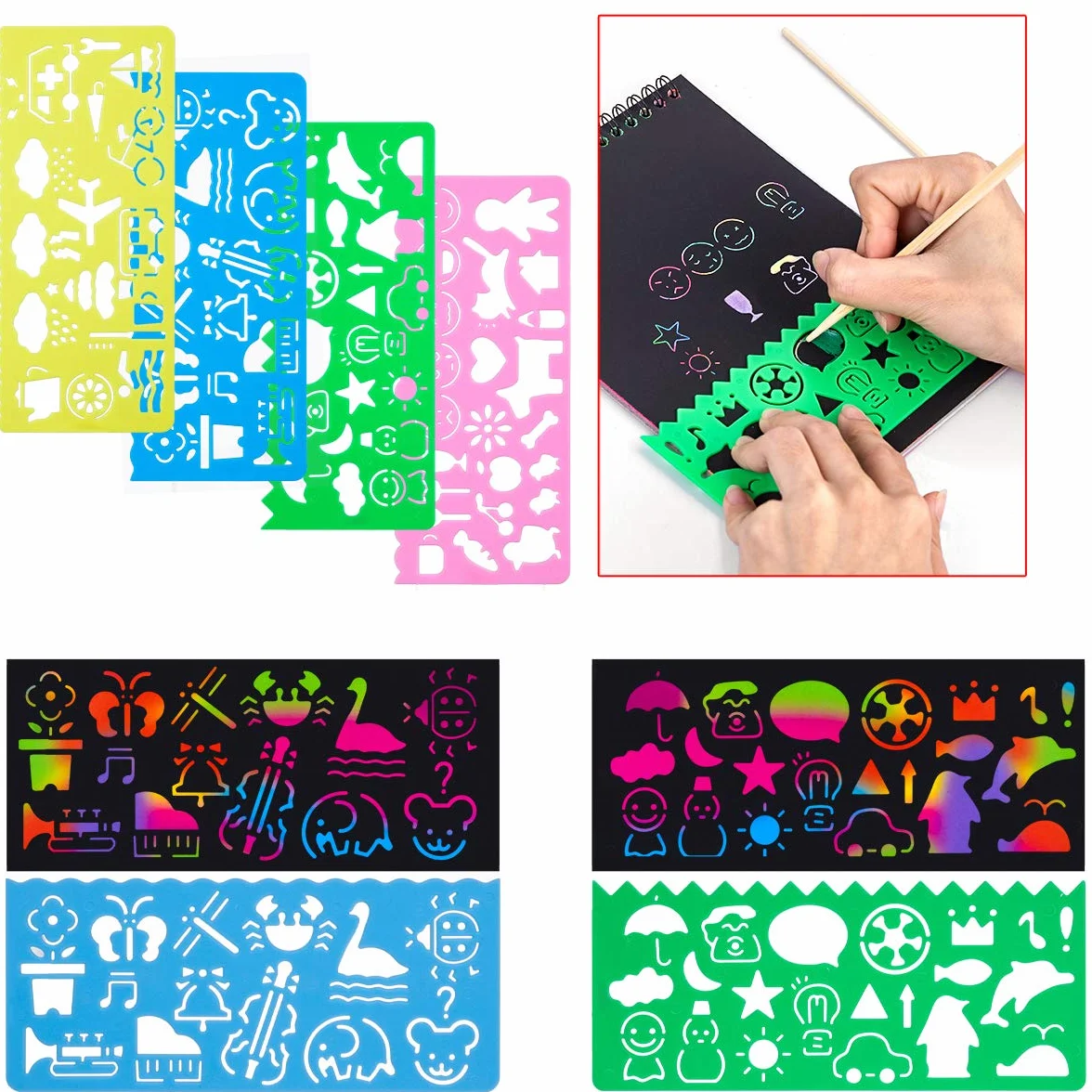 MELLIEX Scratch Art Notes per Bambini, Set di 3 Blocchi da Disegno Arcobaleno con 6 Penne e 4 Righelli