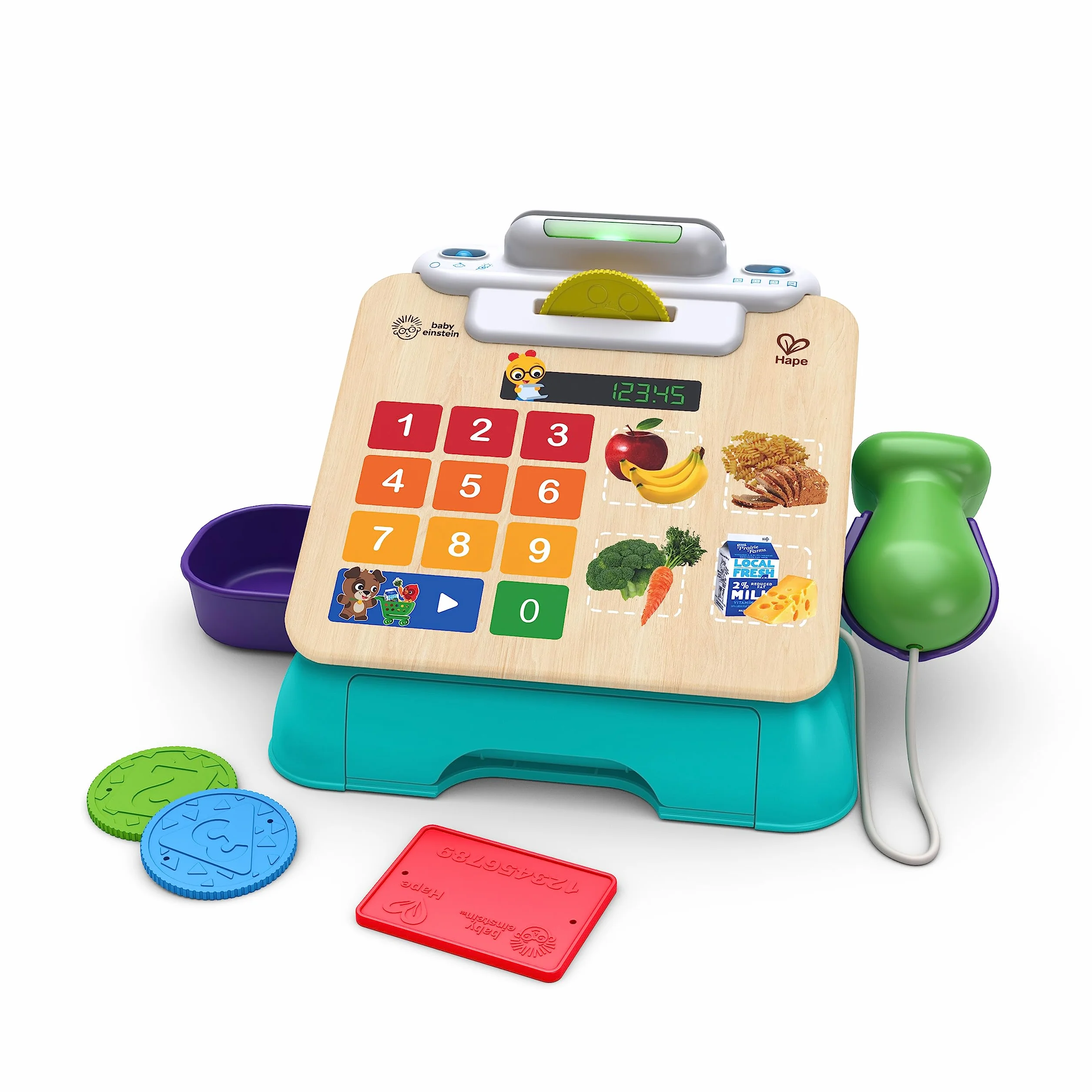 Baby Einstein + Hape Magic Touch Cash Register Pretend to Check Out Toy, z prawdziwymi dźwiękami i muzyką, dla dzieci w wieku od 9 miesięcy