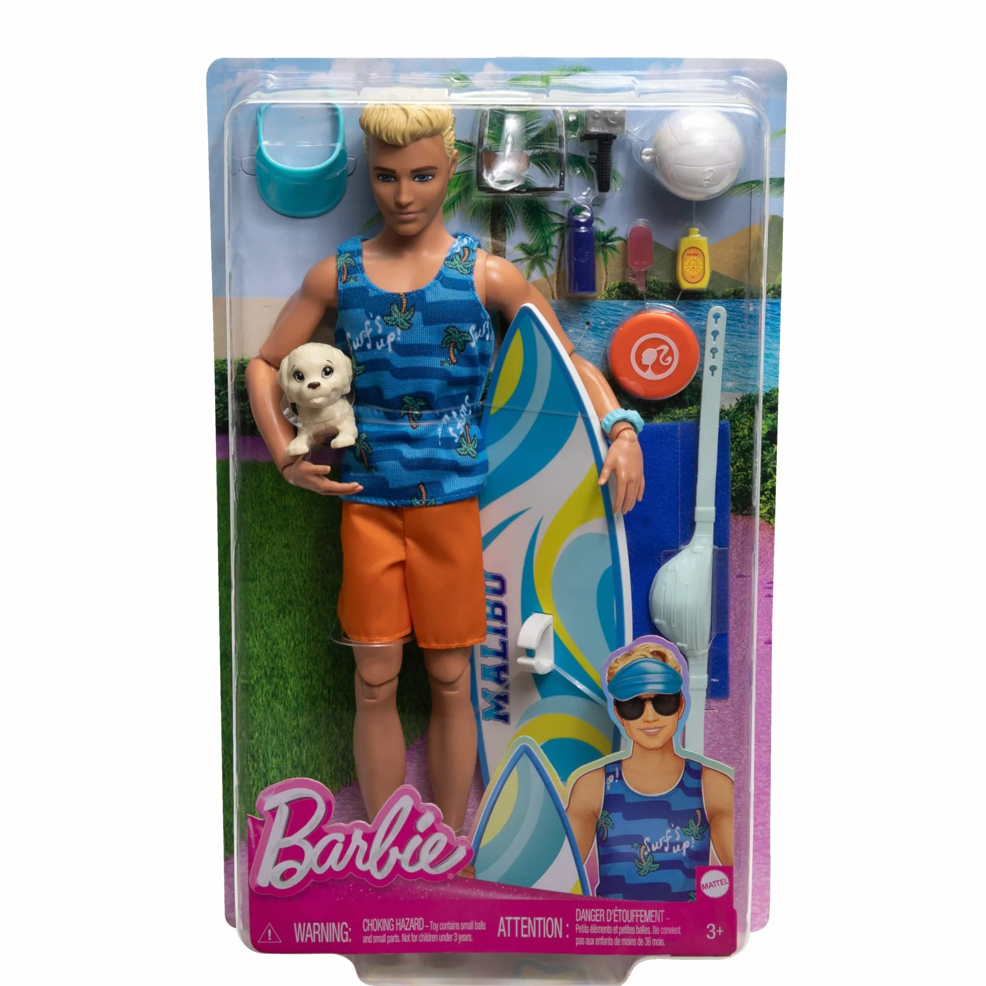 Barbie Ken Surfer Lalka plażowa (blondyn) z deską surfingową i pieskiem + akcesoria tematyczne, takie jak ręcznik HPT50