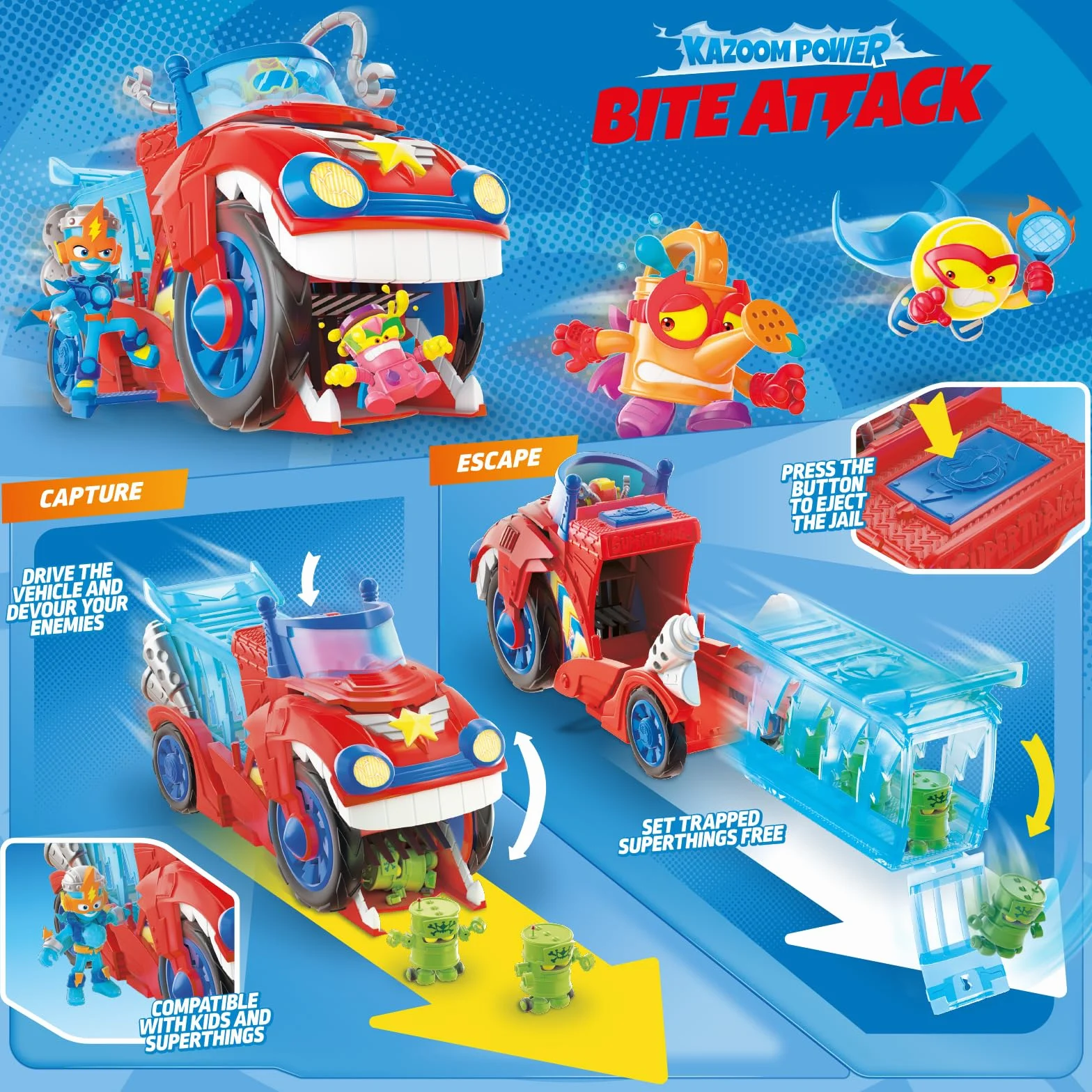 SUPERTHINGS – Bite Attack. Pojazd Doc Vrooma z serialu „SuperThings Kazoom Power”. Zawartość: 1 pojazd Bite Attack, 1 ekskluzywny Doc Vroom, 1 odczepiane więzienie