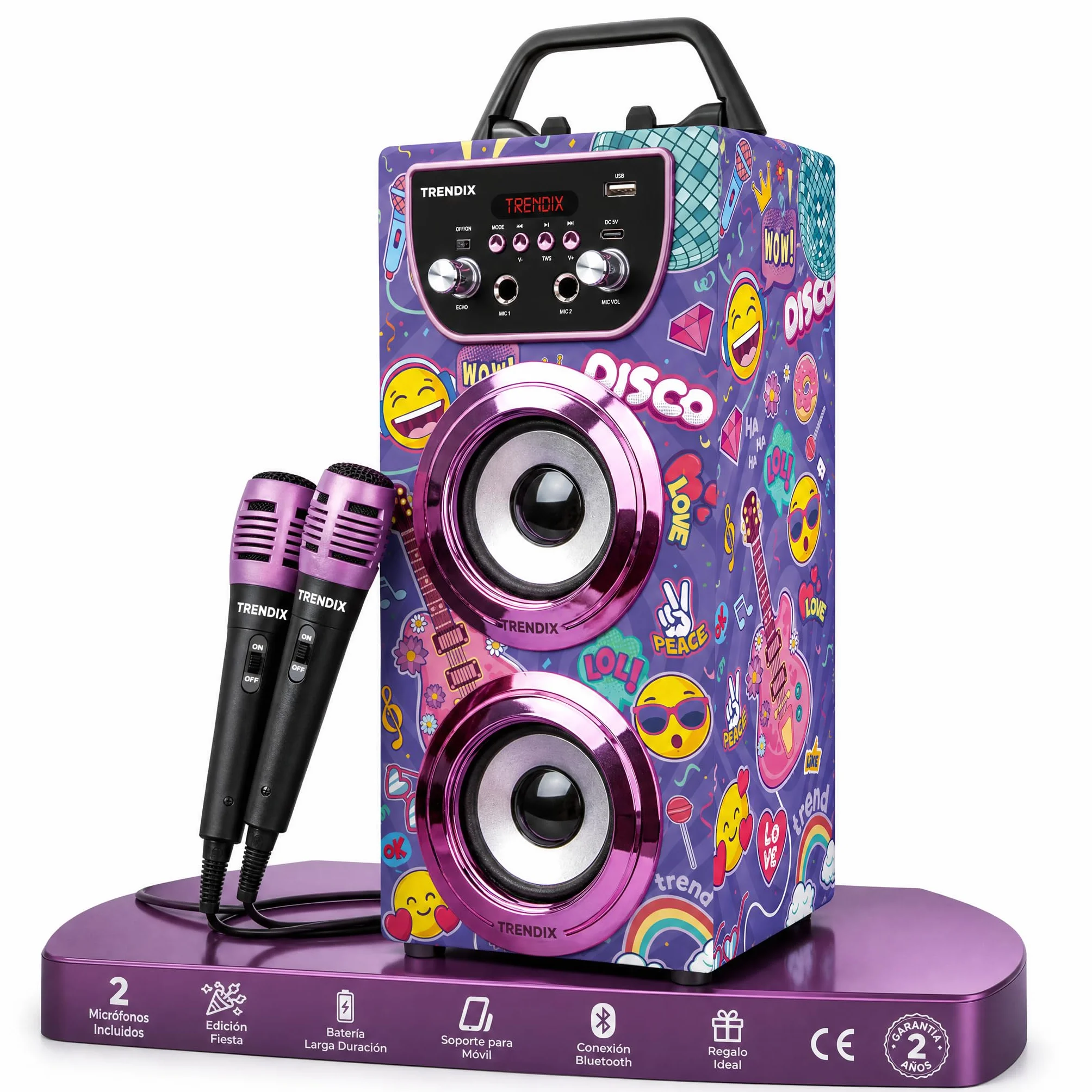 Trendix - Karaoke dla dzieci Top Singer | Głośnik z mikrofonem | Karaoke 2 mikrofony Radio FM, USB, Bluetooth i SD | Karaokes dla dziewczynek i chłopców | Prezenty komunijne dla dziewczynek