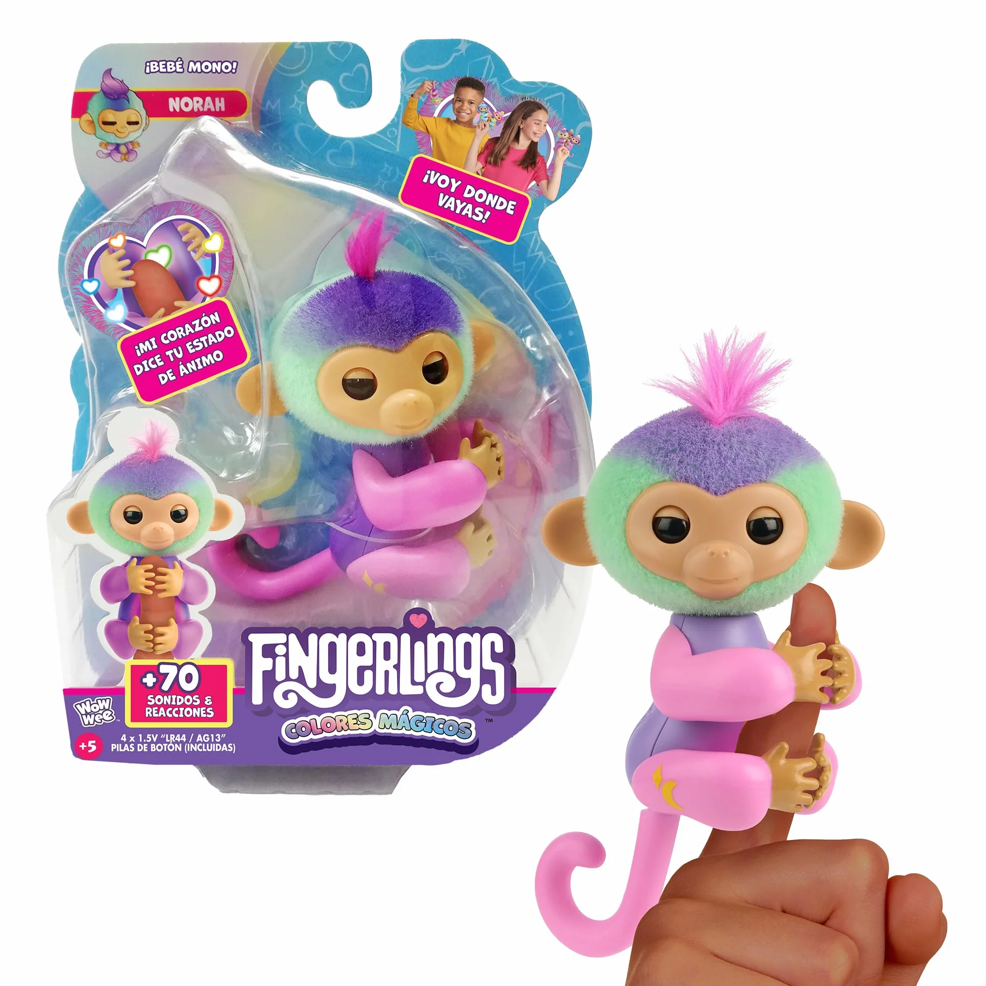 Bizak Fingerlings Magiczne kolory Norah, interaktywne zwierzę interaktywne wielokolorowe z +70 dźwiękami i ruchem, reaguje na dotyk, trzyma palec, zabawka dla dzieci od 3 lat, (61853181-2)