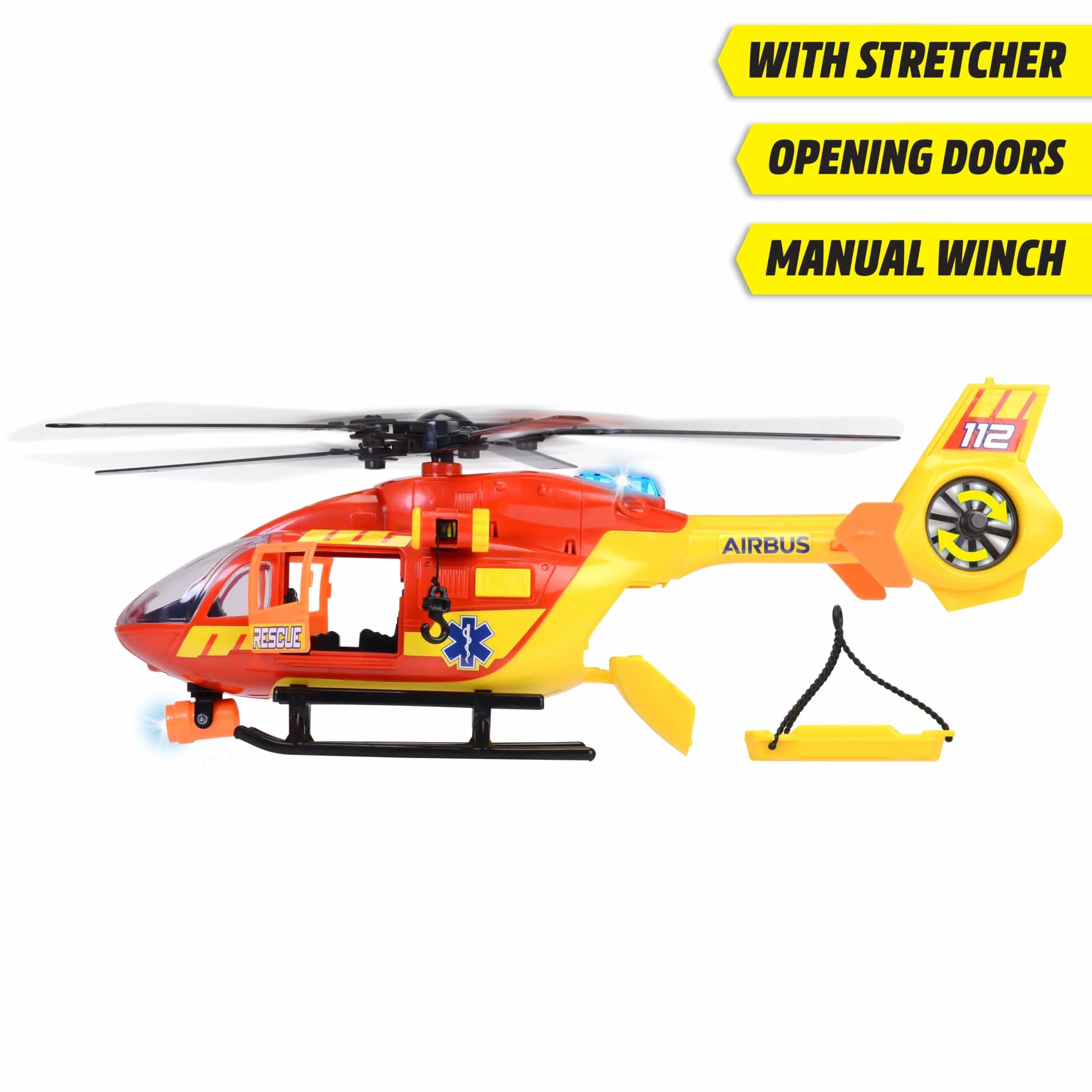 Dickie Toys - Helikopter ratowniczy Airbus H145 (36 cm) - Zabawkowy helikopter ze śmigiełką do wciągania i oświetleniem, dźwiękiem i akcesoriami – zabawka dla dzieci od 3 lat