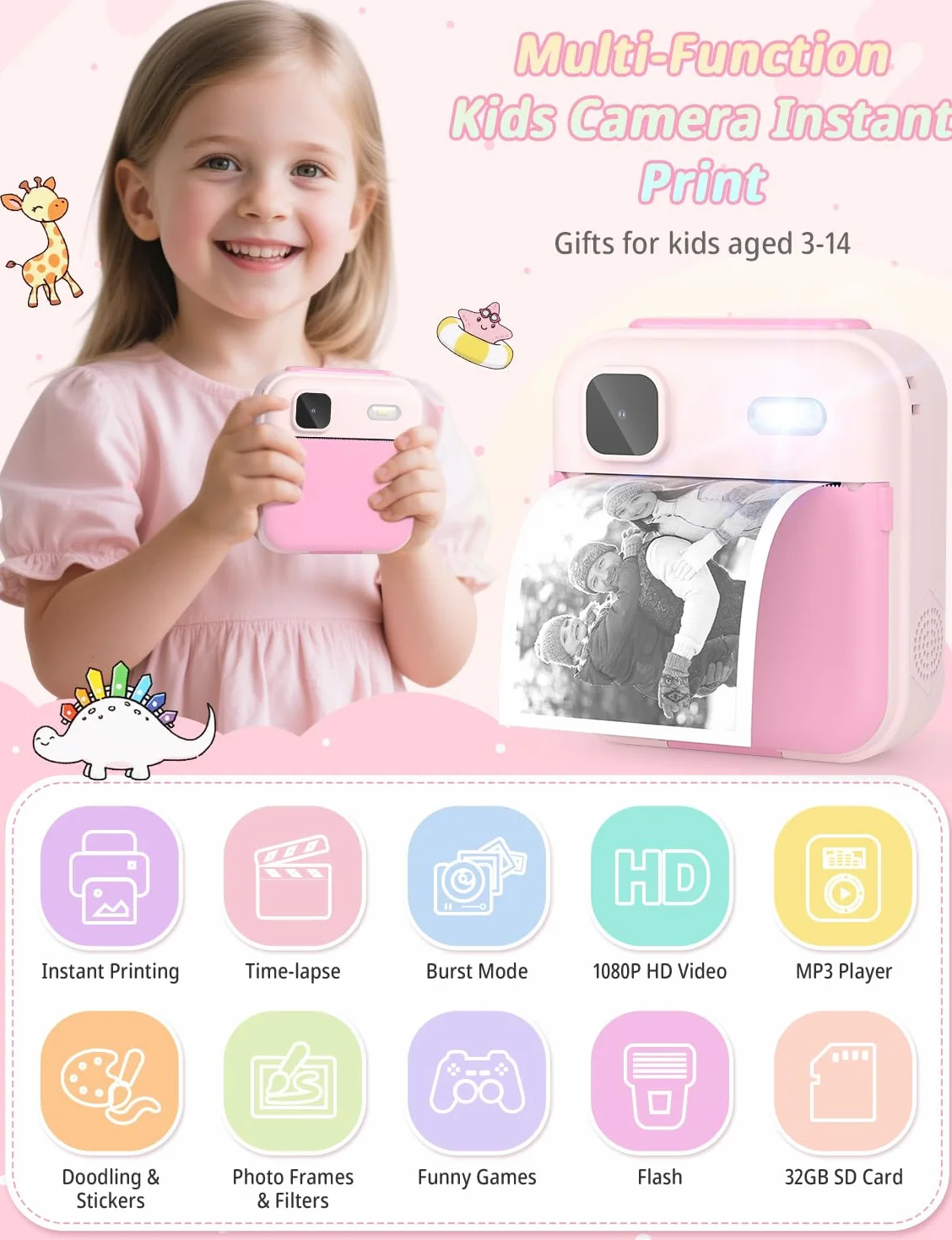 YOHOOLYO Aparat błyskawiczny dla dzieci, 2,4-calowy aparat błyskawiczny dla dzieci z kartą 32 GB i 3 rolkami papieru, cyfrowe zabawki wideo HD 1080P, prezenty urodzinowe w