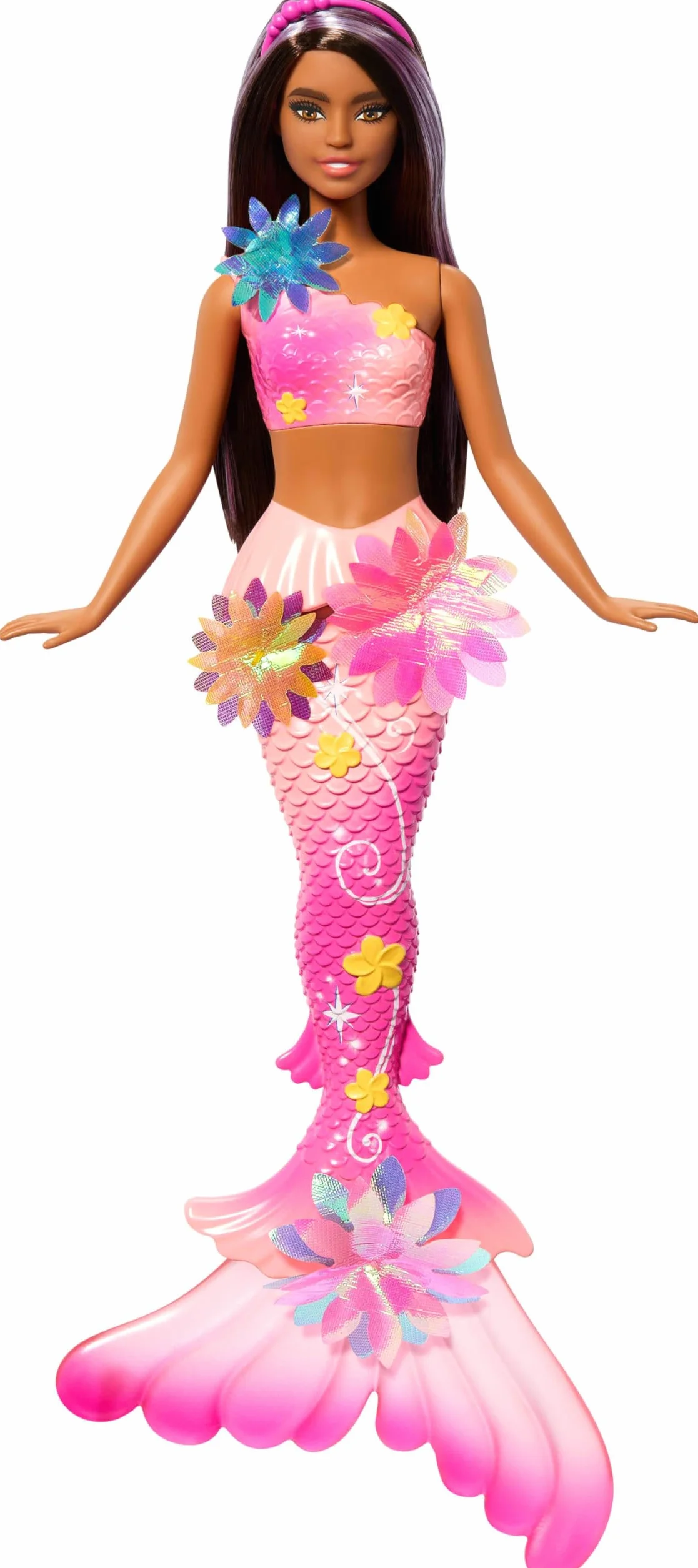 Barbie Syrenka Rozkwitające kwiaty Lalka JDM73 z długimi brązowymi włosami, fioletowymi pasemkami, ogonem ombre i perłową opaską
