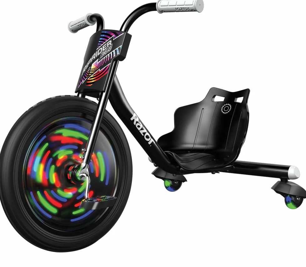 Razor RipRider 360 Lightshow - Trike z odlewami tylnymi i aktywowanymi ruchem wielokolorowymi światłami, 3-kołowy drifting dla dzieci w wieku 5 i powyżej