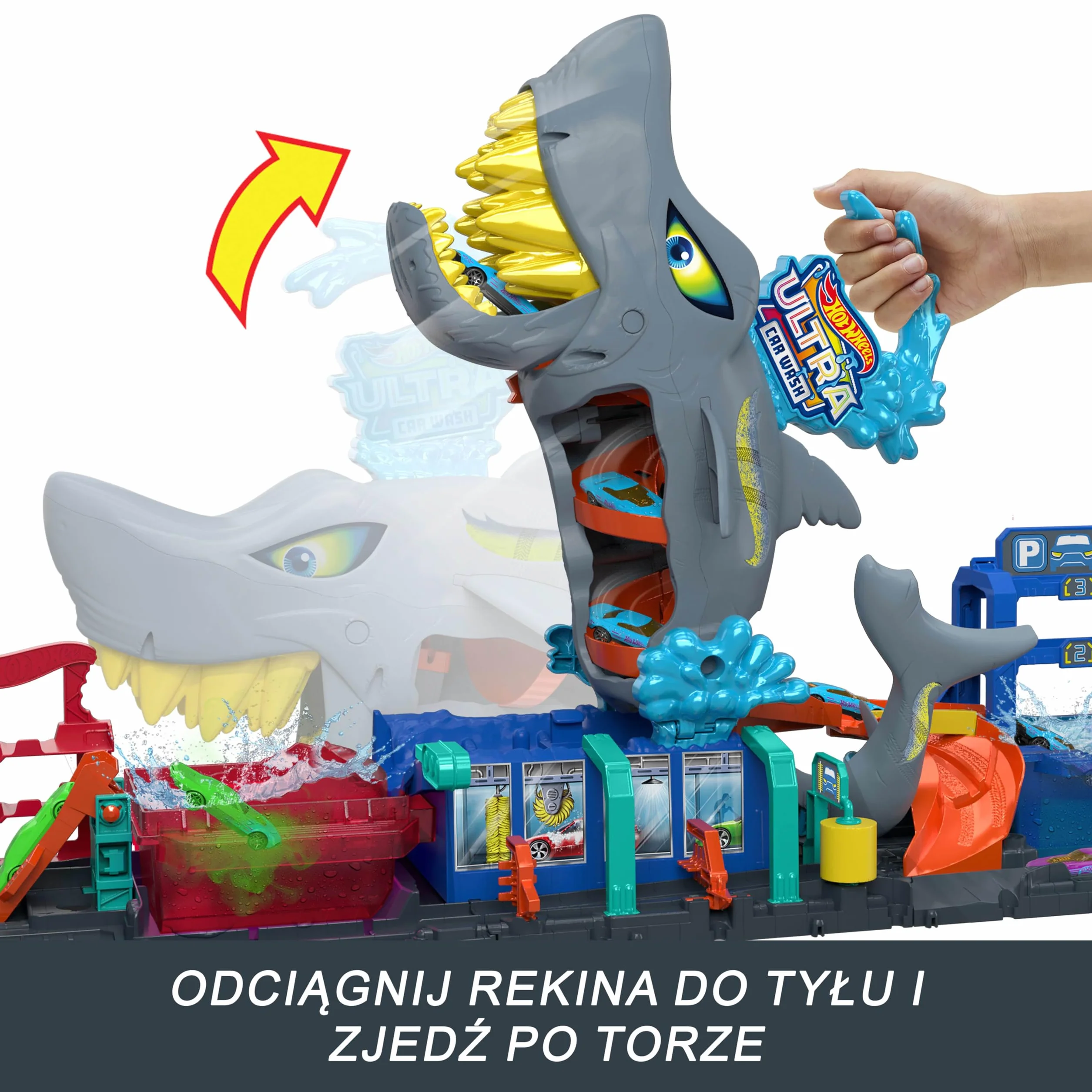 Hot Wheels City Ultra „Let's Race – Na start!” Netflix - Myjnia Rekina Zestaw do zabawy z pojazdem Color Reveal w skali 1:64 i z funkcją zmiany koloru + miejsce do przechowywania, HTN82