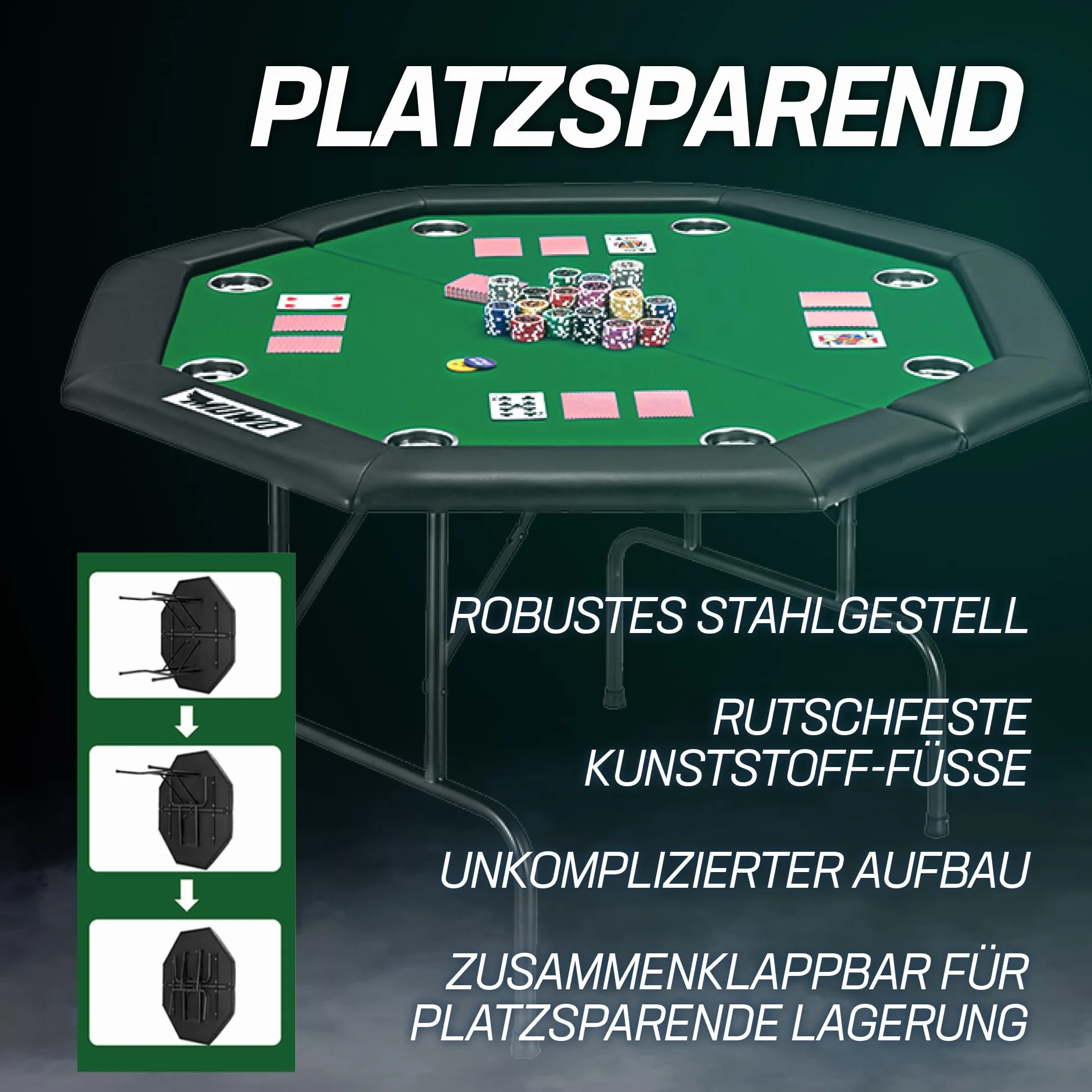 MUWO Składany stół pokerowy dla 8 graczy – ośmiokątny stół gamingowy z osłoną filcową, uchwytem na napoje i wyściełanym podłokietnikiem – wytrzymała stalowa rama, oszczędność miejsca do przechowywania