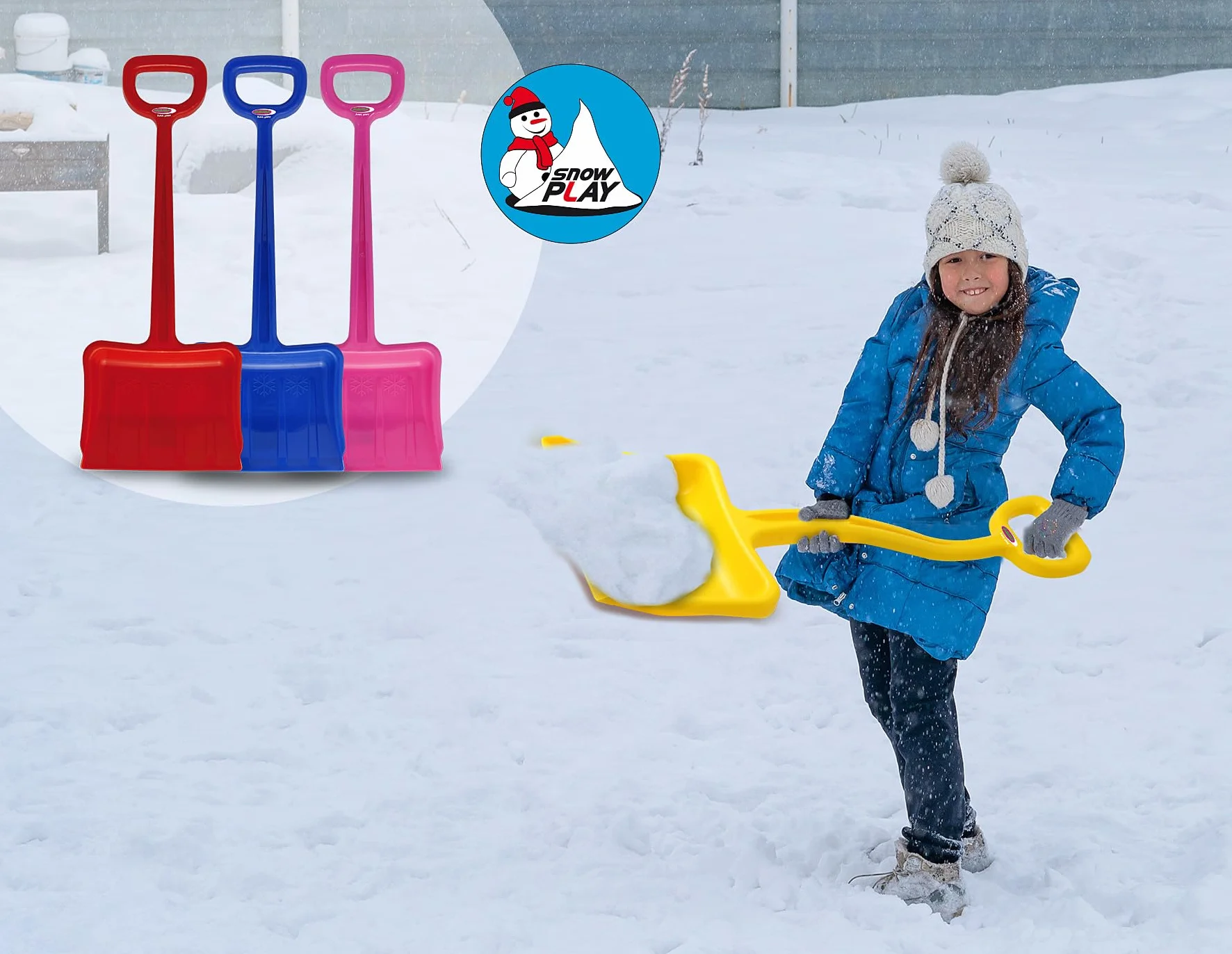 Jamara 460399 czerwona 460399-Odśnieżarka do śniegu wysokość 70 cm wytrzymała i stabilna, wzmocnienie żeber w ostrzu, plastikowy poręczny uchwyt w kształcie litery D