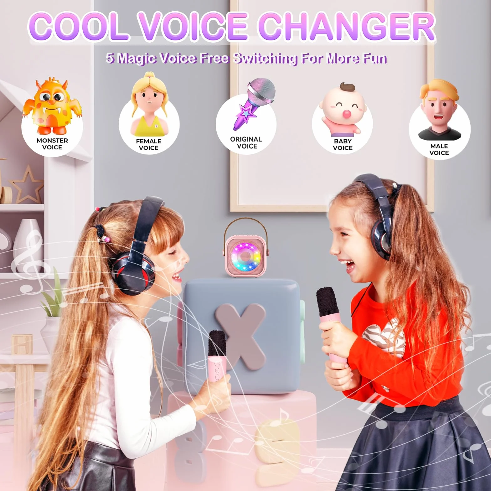Przenośna maszyna do karaoke Bluetooth z 2 bezprzewodowymi mikrofonami, LED, dla dzieci 3-18 lat