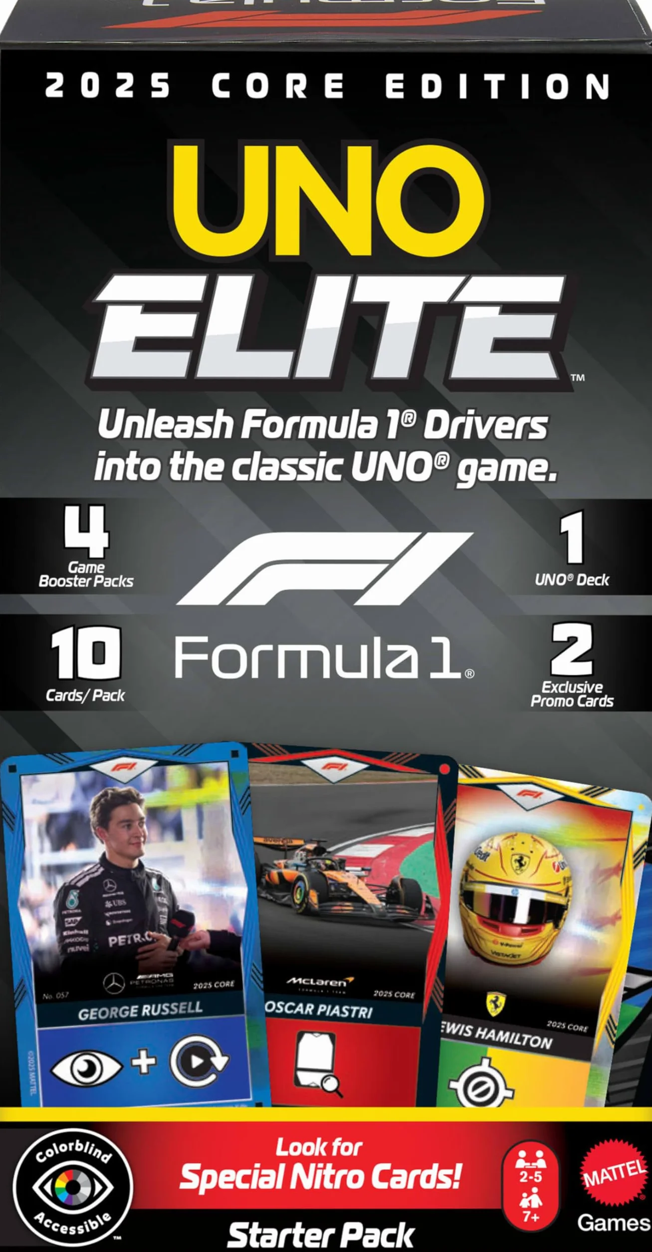 Mattel UNO Elite Formuła 1 2025 Edycja podstawowa Starter Pack Zestaw startowy; gra karciana, 4 Booster Packi i 2 karty Promo, towarzyska i rodzinna gra dla fanów i dzieci 7+, JLV42