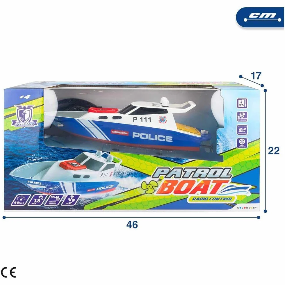 ColorBaby 47674 Racing Boat Boat Police Radiocontrol, 36x10x10 cm, Pilot zdalnego sterowania, 6 kierunków, 2,4 GHz, zasięg 35-40 m, łódź RC, zabawki dla dzieci, 4 lata