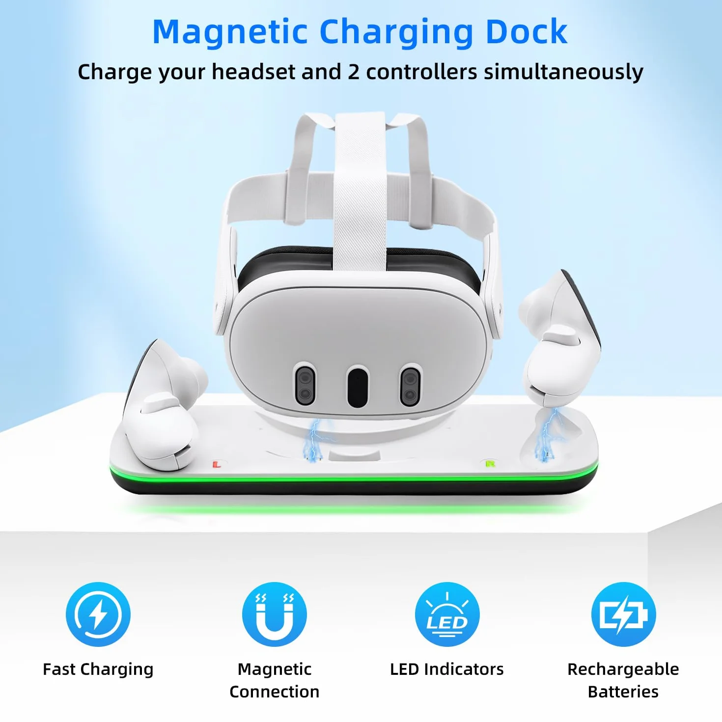 Mcbazel Controller Charging Dock for Q3/3S, VR Charging Station with LED Light for Q3/3S, Charger Display Stand with 2 * 600 mAh Rechargeable Batteries, Type-C Charging Cable - White