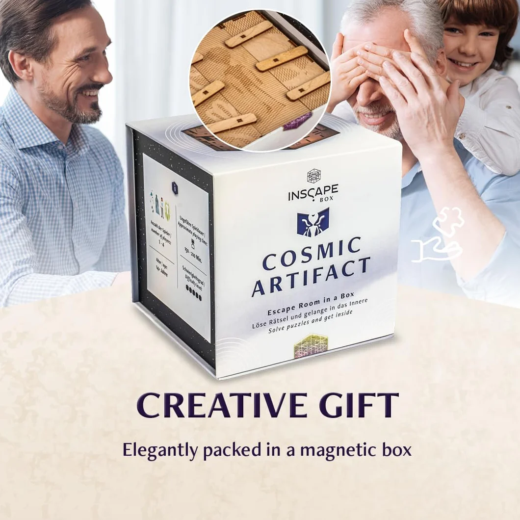 INSCAPE Cosmic Artifact Cluebox - Level 5 bardzo ciężki - drewniane pudełko z puzzlami - puzzle - Escape Room gra dla dorosłych - gry logiczne - drewniane puzzle 3D - gry myślące