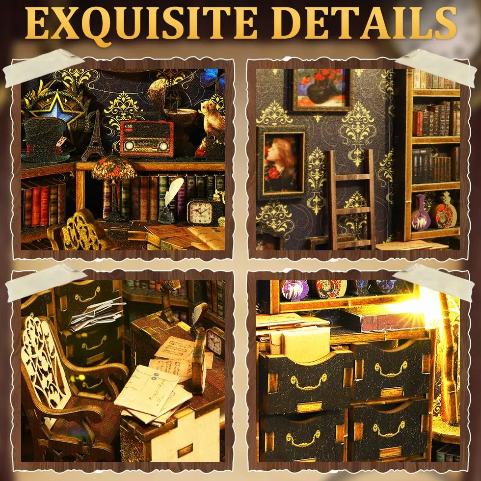 Book Nook Kit, domek dla lalek "zrób to sam", miniaturowy domek z oświetleniem, zestaw modelarski, Book Nook Fantasy "zrób to sam", miniaturowe drewniane puzzle, biblioteka, wkład do regału na