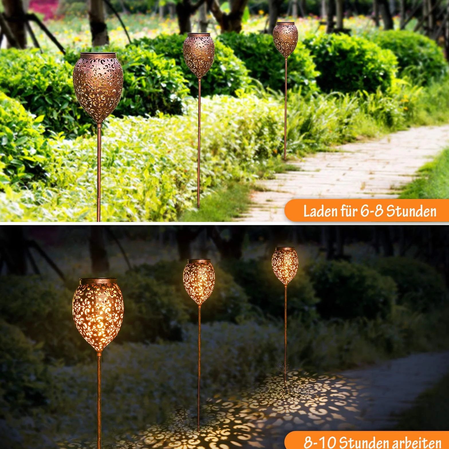 JOYCREATOR Zestaw metalowych lamp solarnych 2 sztuki do ogrodu na zewnątrz z wodoodpornością IP65, ciepła biel, orientalne lampy solarne LED na balkon, patio, dekoracja na Boże Narodzenie