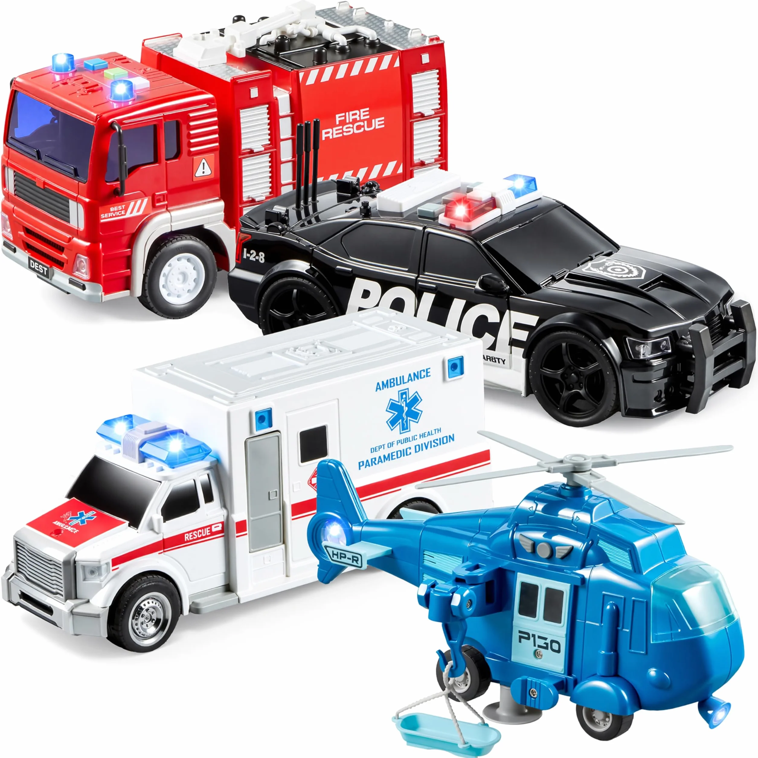 JOYIN Zestaw 4 zestawów gier City Hero Powered by Friction, w tym wóz strażacki, karetkę, samochód policyjny i helikopter ratowniczy