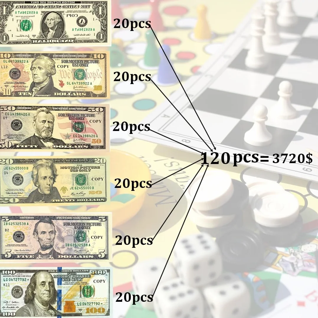 120 arkuszy Scratch Cash, symulowane dolary, zestaw monet do gry, 20 x 1 $, 5$, 10$, 20 $, 50 $, 100 $, pieniądze z filmu Dolar, Playset gotówkowy na rekwizyty kinowe, gry kasynowe