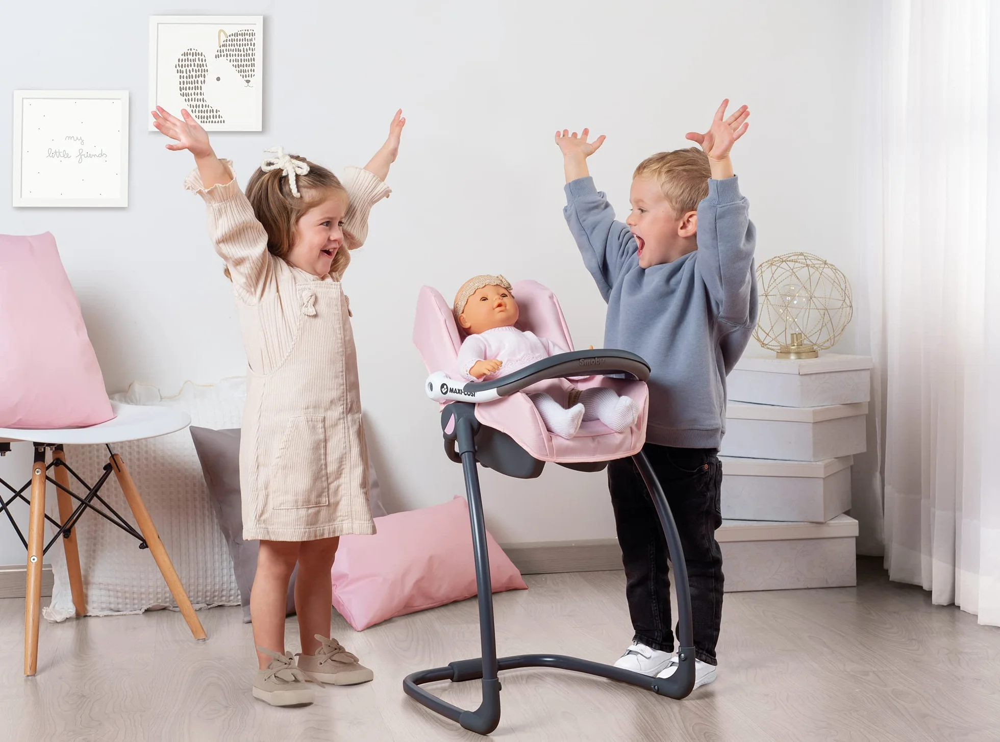 Smoby Maxi-Cosi krzesełko dla lalek 3 w 1 – dla lalek do 42 cm; do fotelika dziecięcego; fotelika samochodowego; huśtawki; akcesoria dla dzieci od 3 lat; różowe